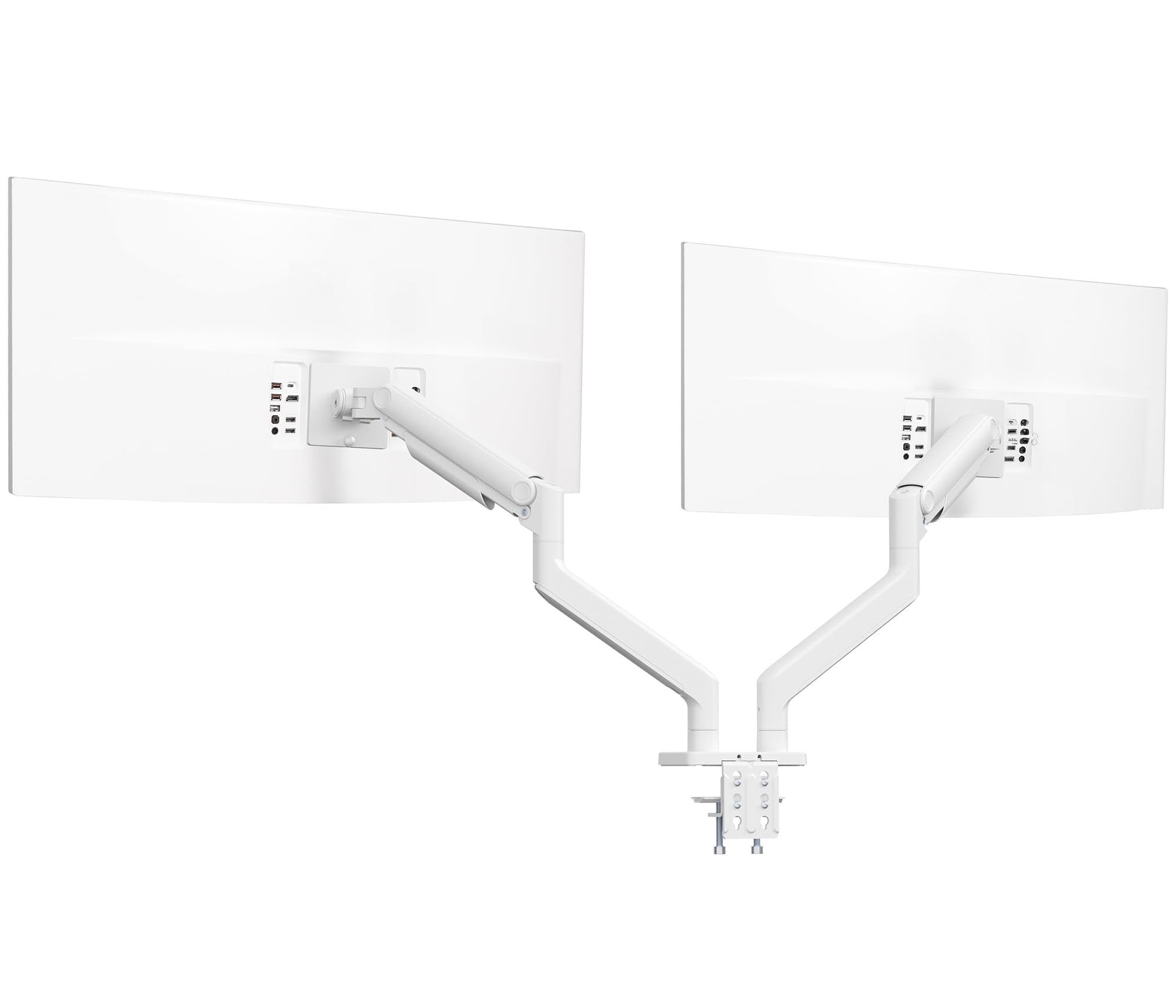A dual monitor desk mount with pneumatic arms, capable of supporting ultrawide screens in a white color.