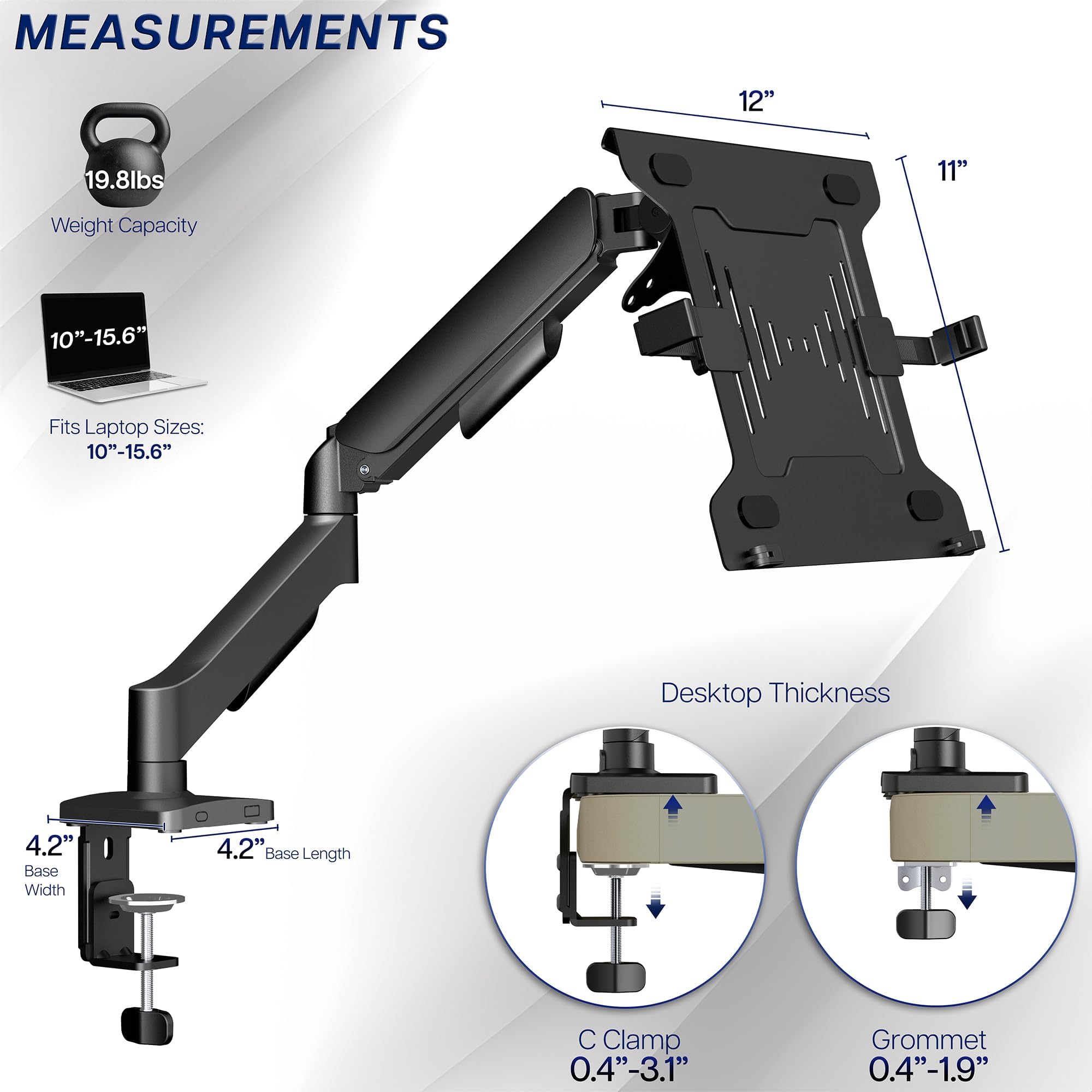 Black adjustable laptop desk mount with measurements on a white background