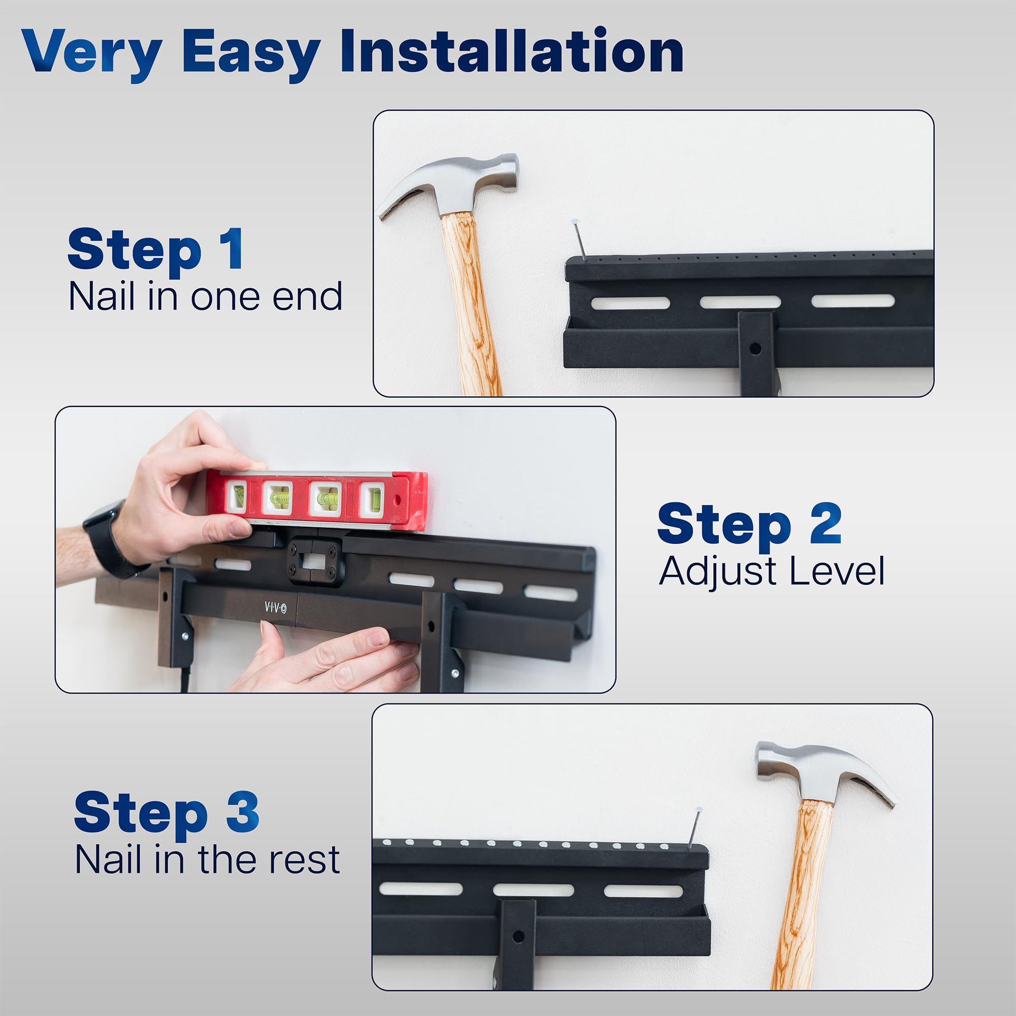 Step-by-step installation guide for a wall mount with tools and hardware.