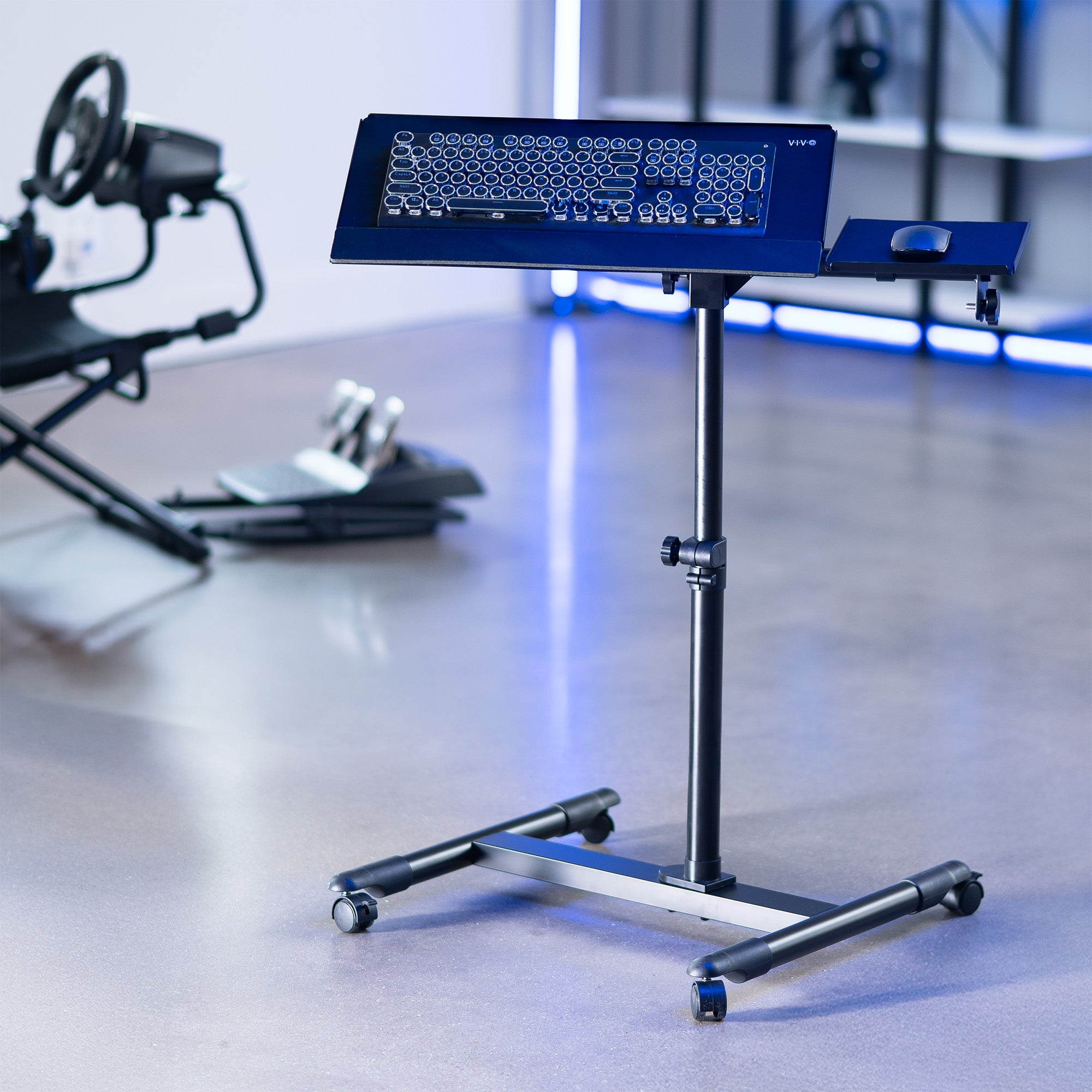 Adjustable laptop stand with keyboard on a blurred background