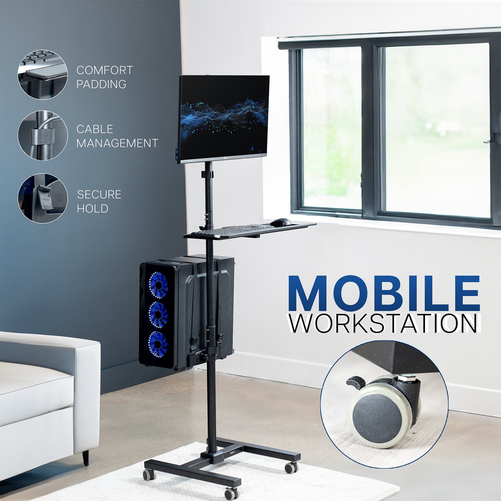 Mobile workstation cart with monitor mount, keyboard tray, PC holder, and locking wheels. Featuring 360 rotation and height adjustment.