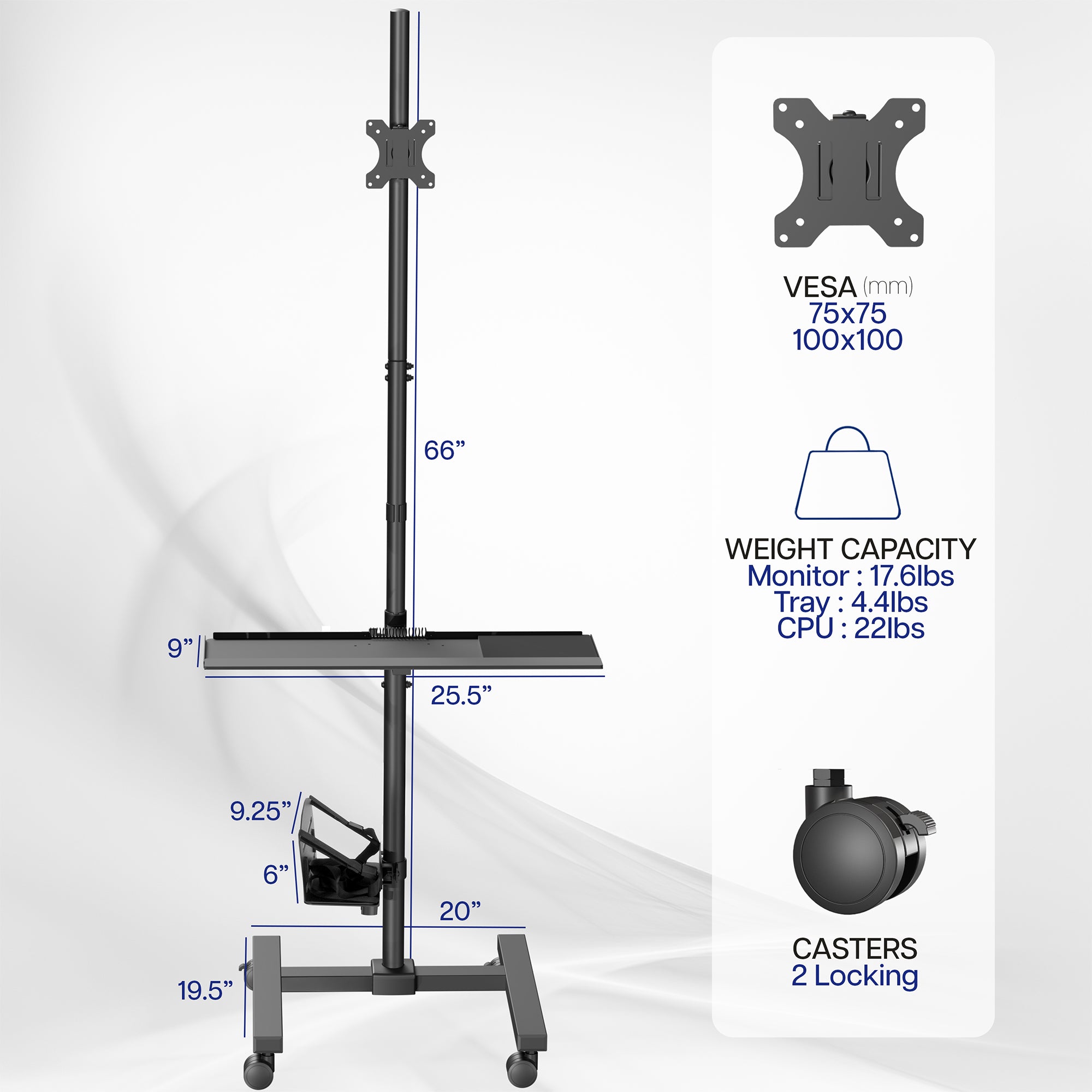 Mobile workstation cart with monitor mount, keyboard tray, PC holder, and locking wheels. Featuring 360 rotation and height adjustment.