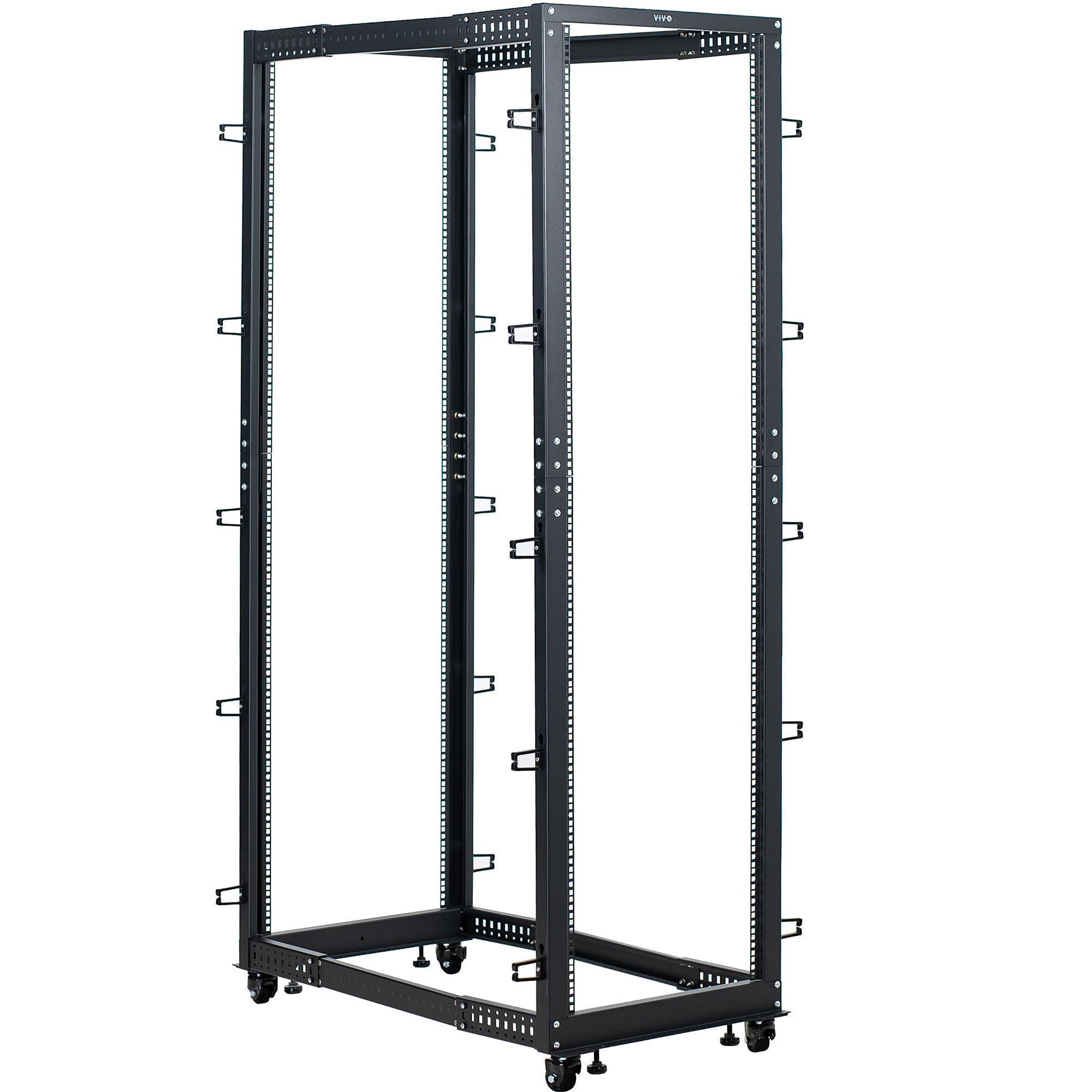 Black metal server rack on a white background