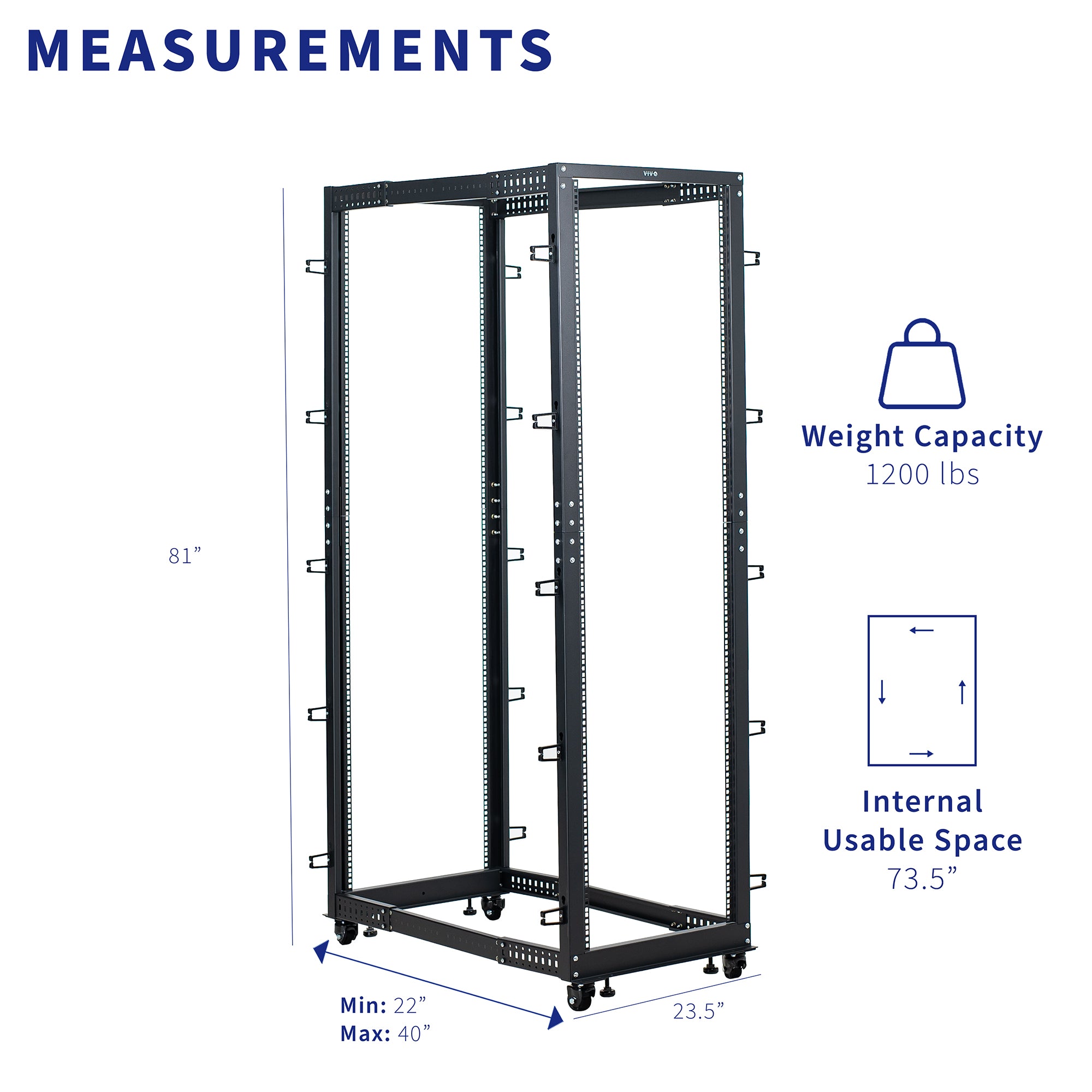 Network rack with measurements and capacity details on a white background