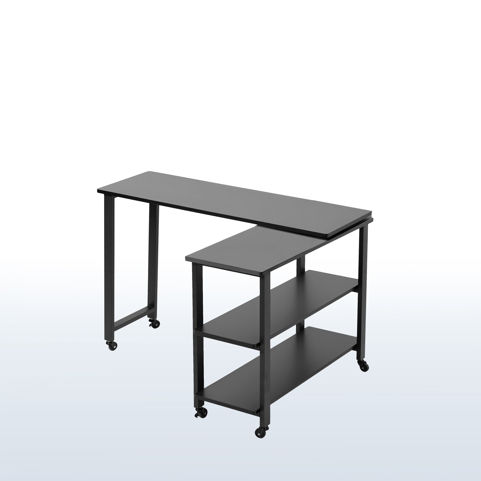 Sleek modern swing out mobile sofa table with shelves and locking wheels.