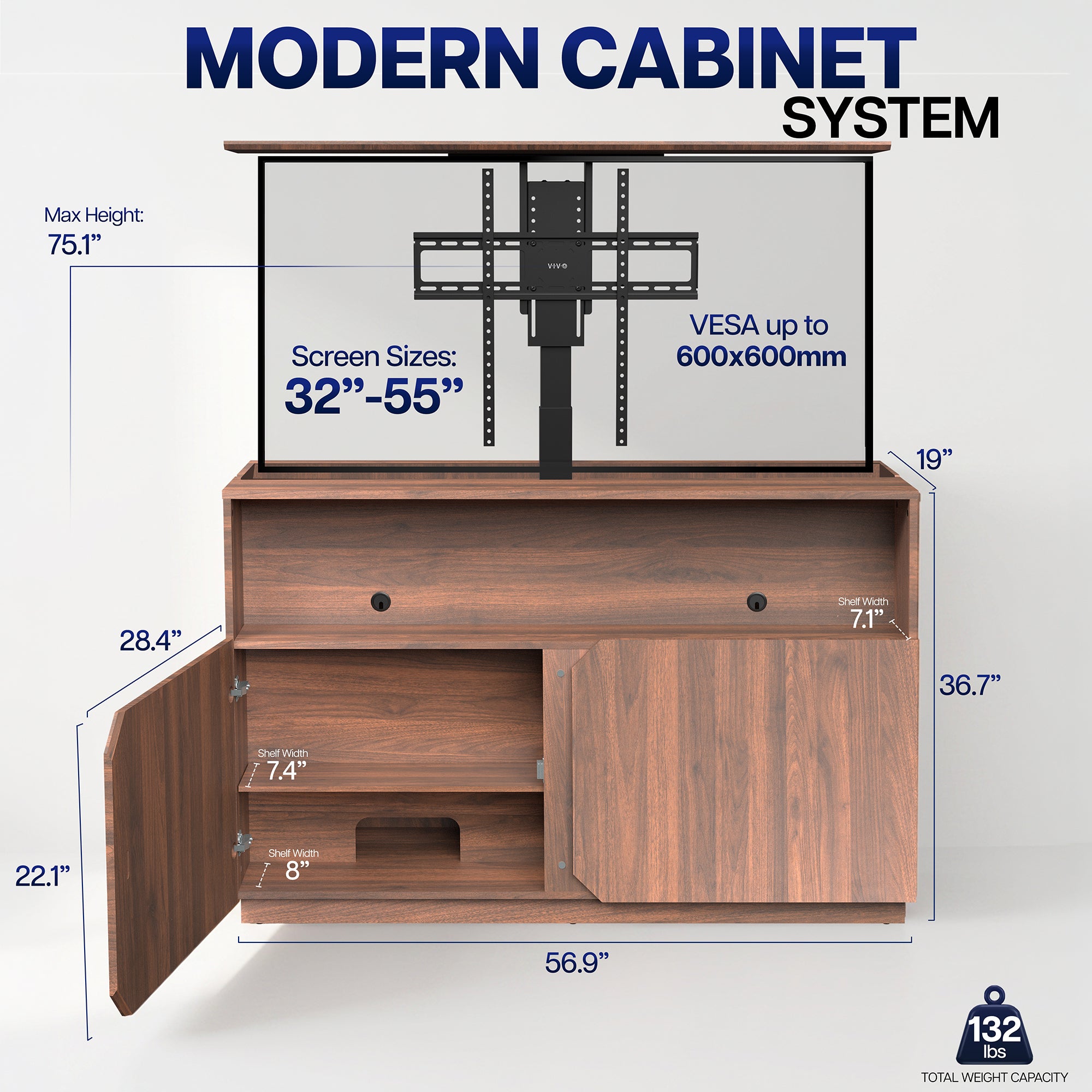 TV Lift Cabinet with Motorized Stand and Storage - 32" to 55" Screens