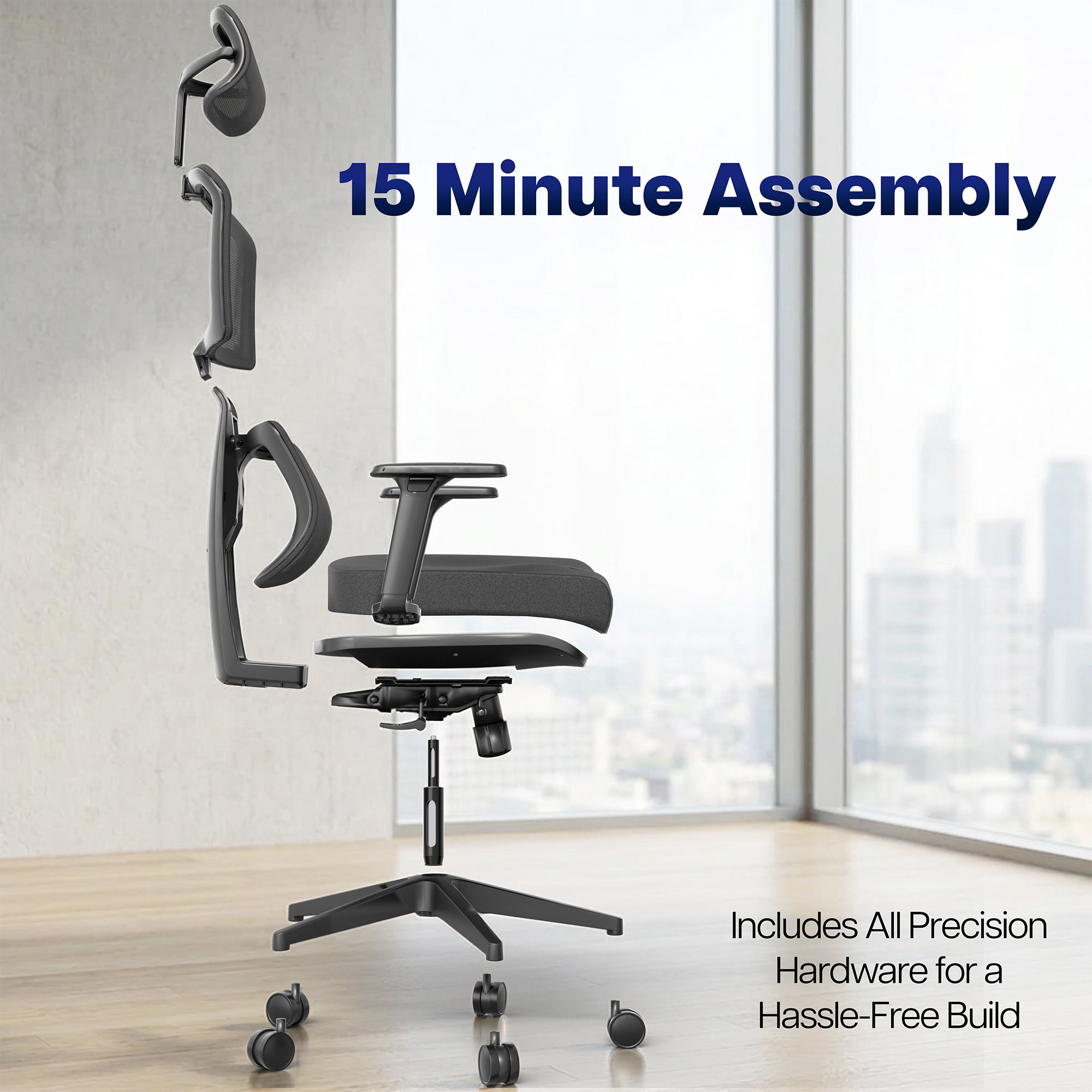 Assembly process of an Ergonomic Office Chair with text indicating 15-minute assembly time and precision hardware included.