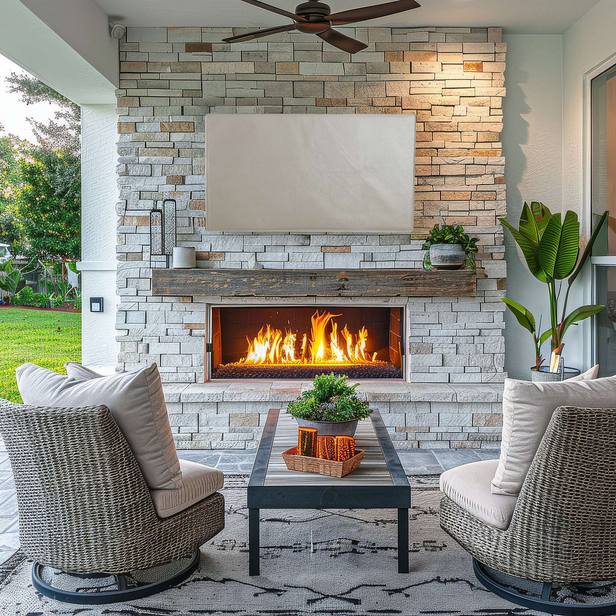 Protective flat screen TV cover in an outdoor patio setting.