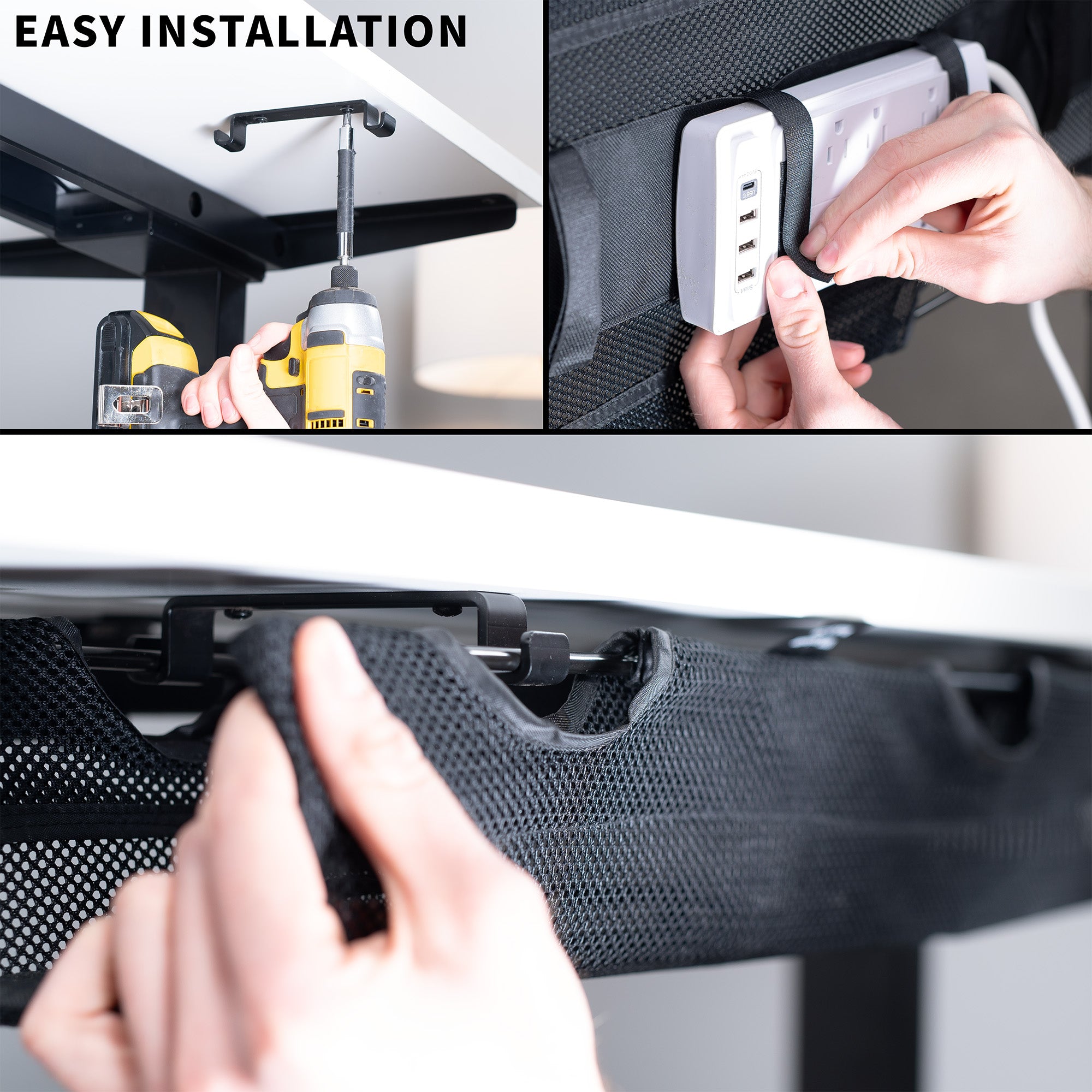 Under Desk Mesh Cable Management with Power Strip Holder