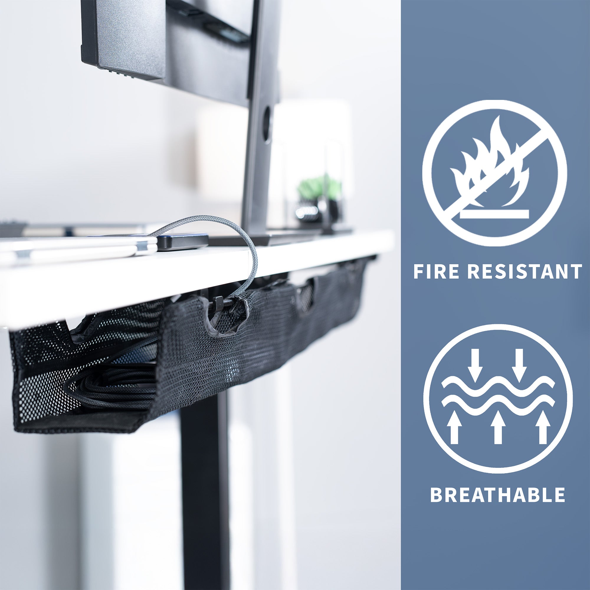 Under Desk Mesh Cable Management with Power Strip Holder