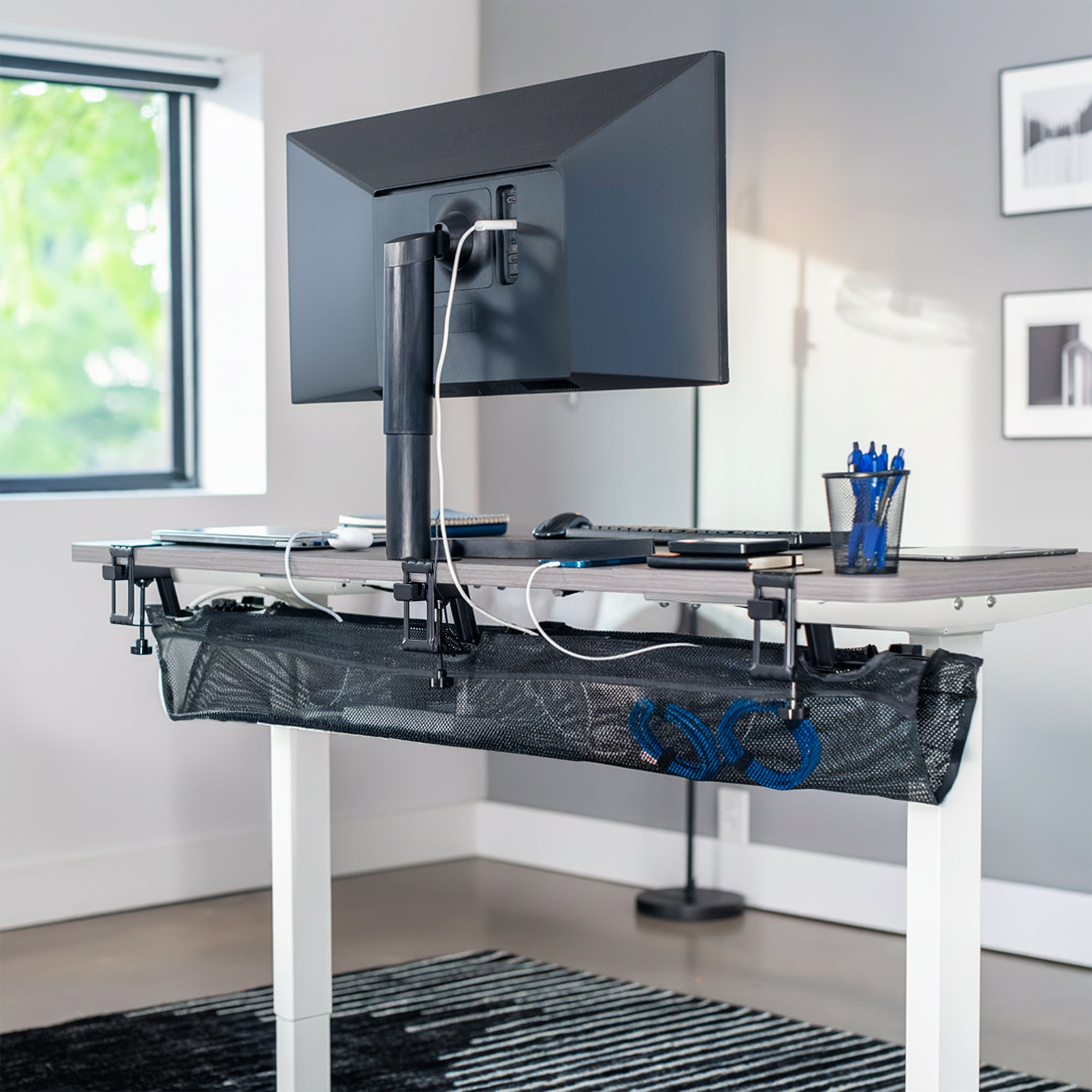 Modern office setup with a standing desk, computer monitor, and 55" desk organizer.