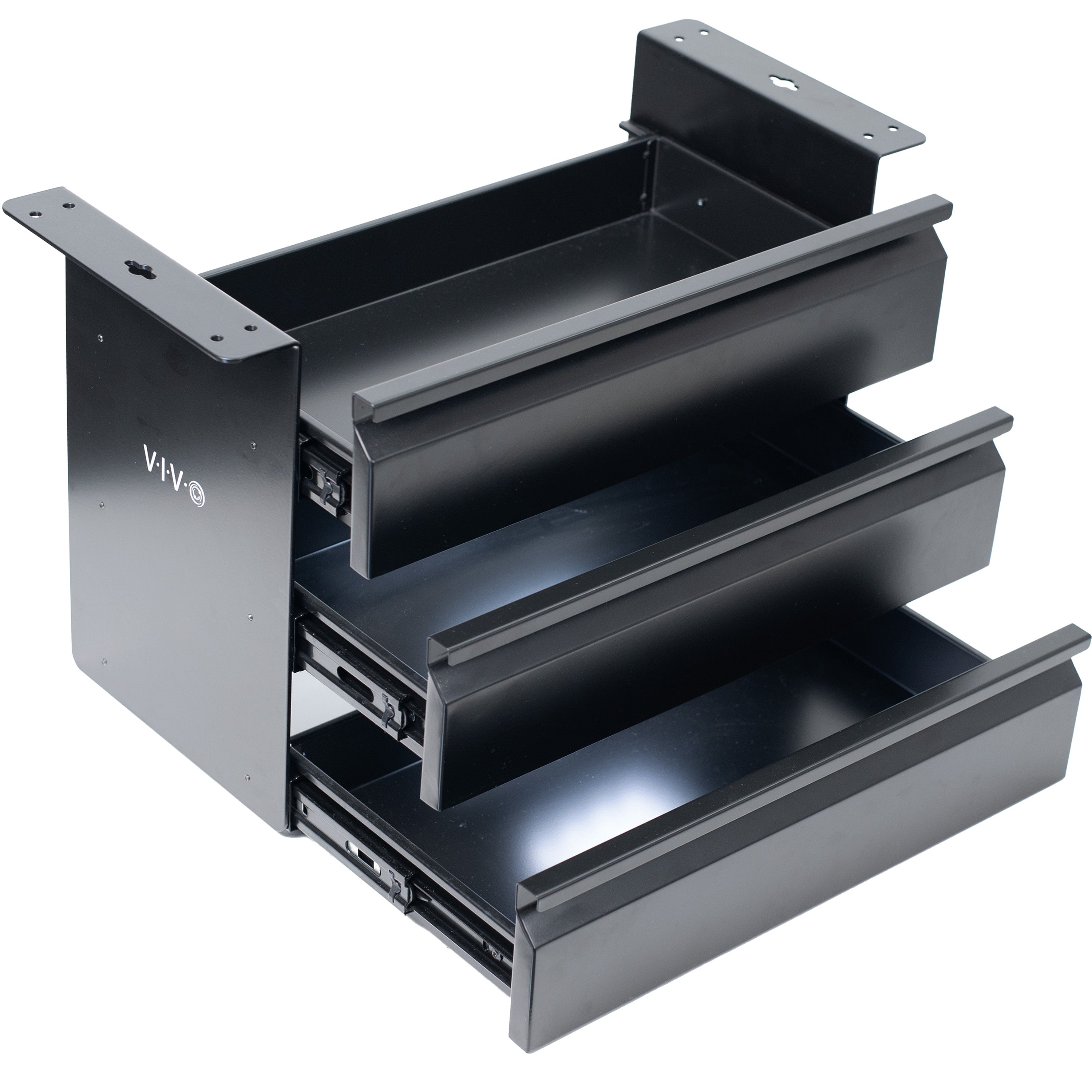 Sleek under desk storage unit with three pull-out drawers for office workstation organization.