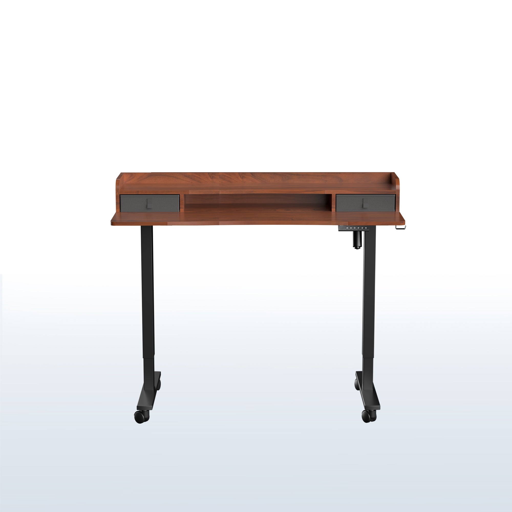 Dual tier height adjustable mobile electric desk with storage drawers.