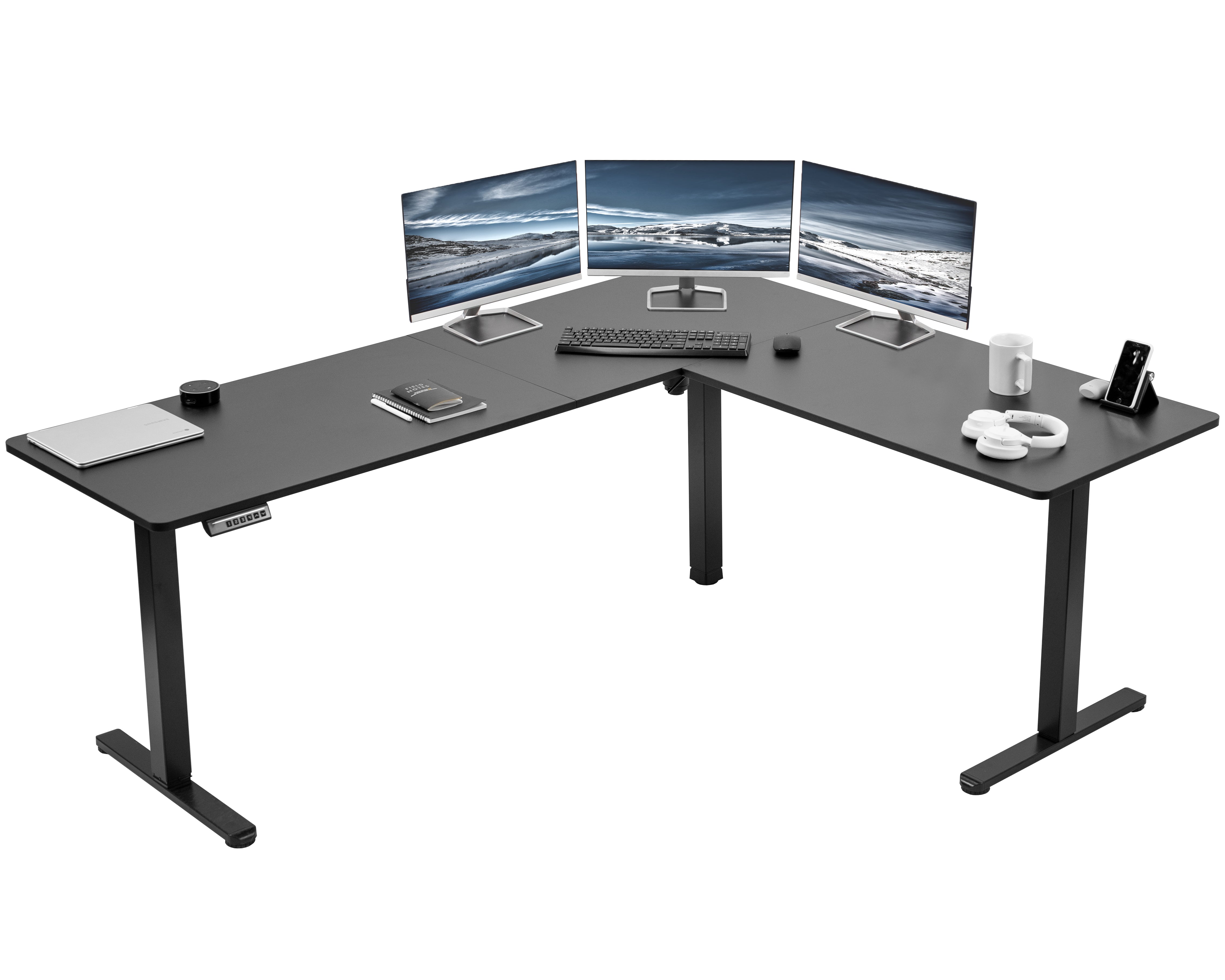 Electric heavy-duty corner desk workstation for modern office workspaces.