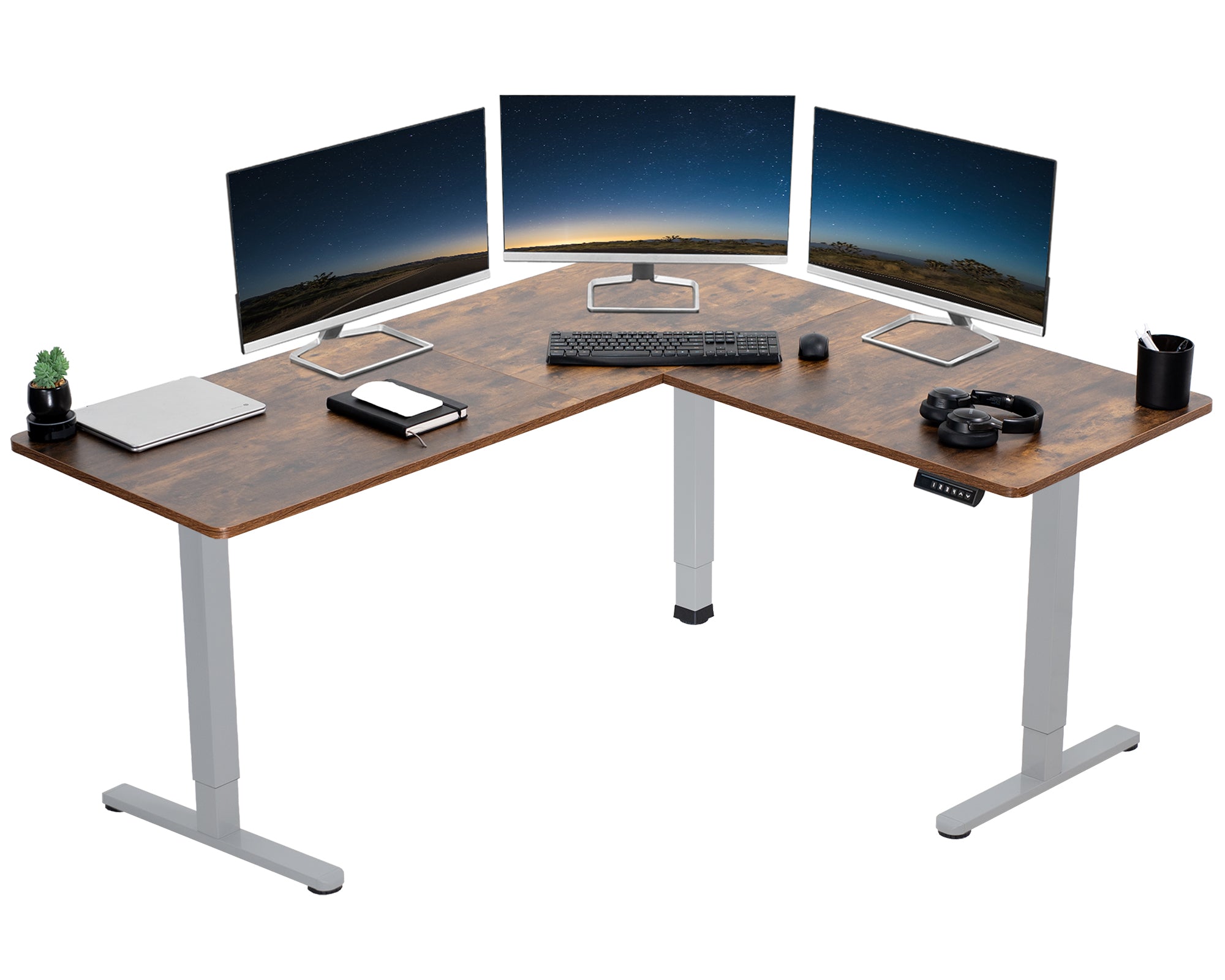 Rustic electric heavy-duty corner desk workstation for modern office workspaces.
