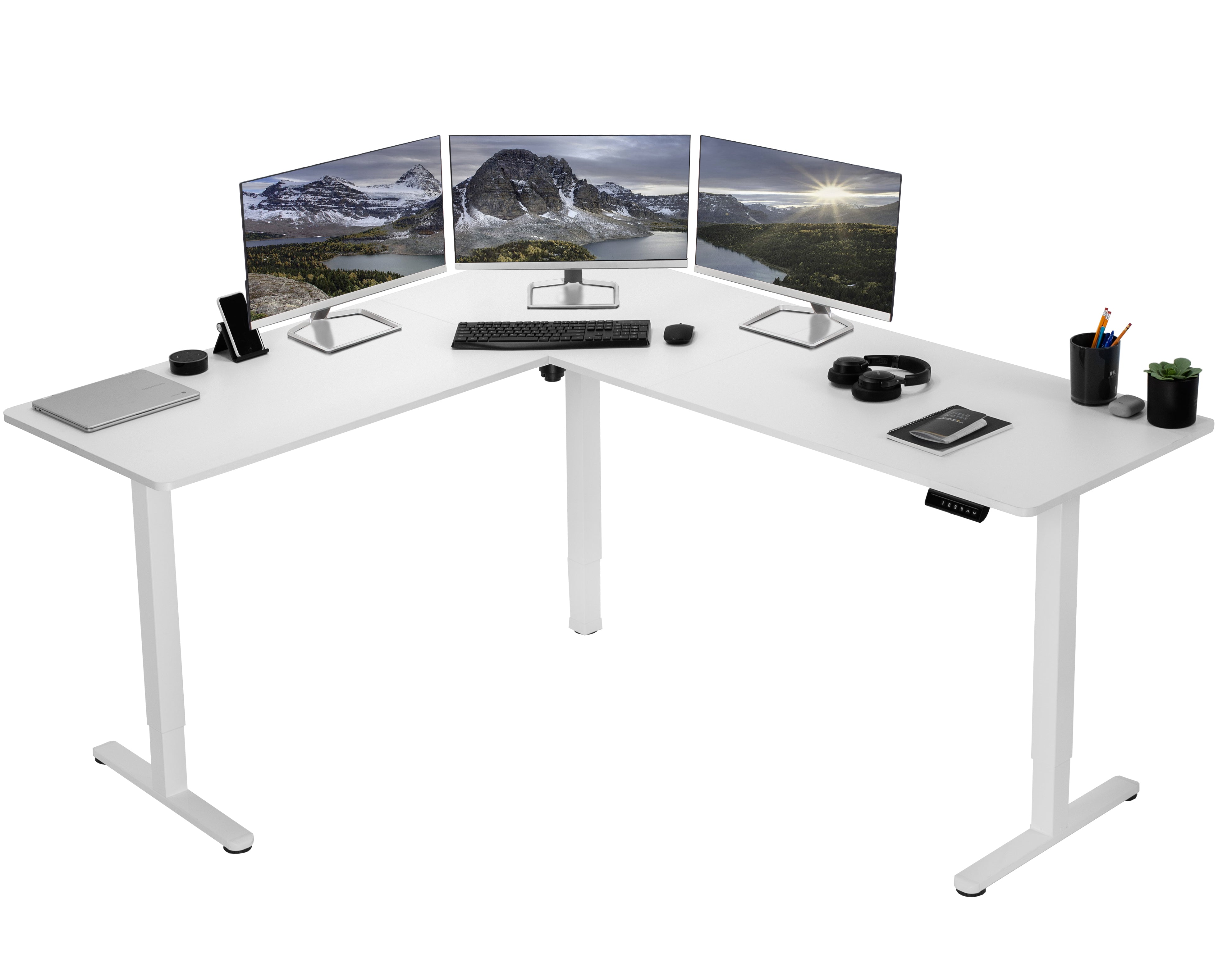 Electric heavy-duty corner desk workstation for modern office workspaces.