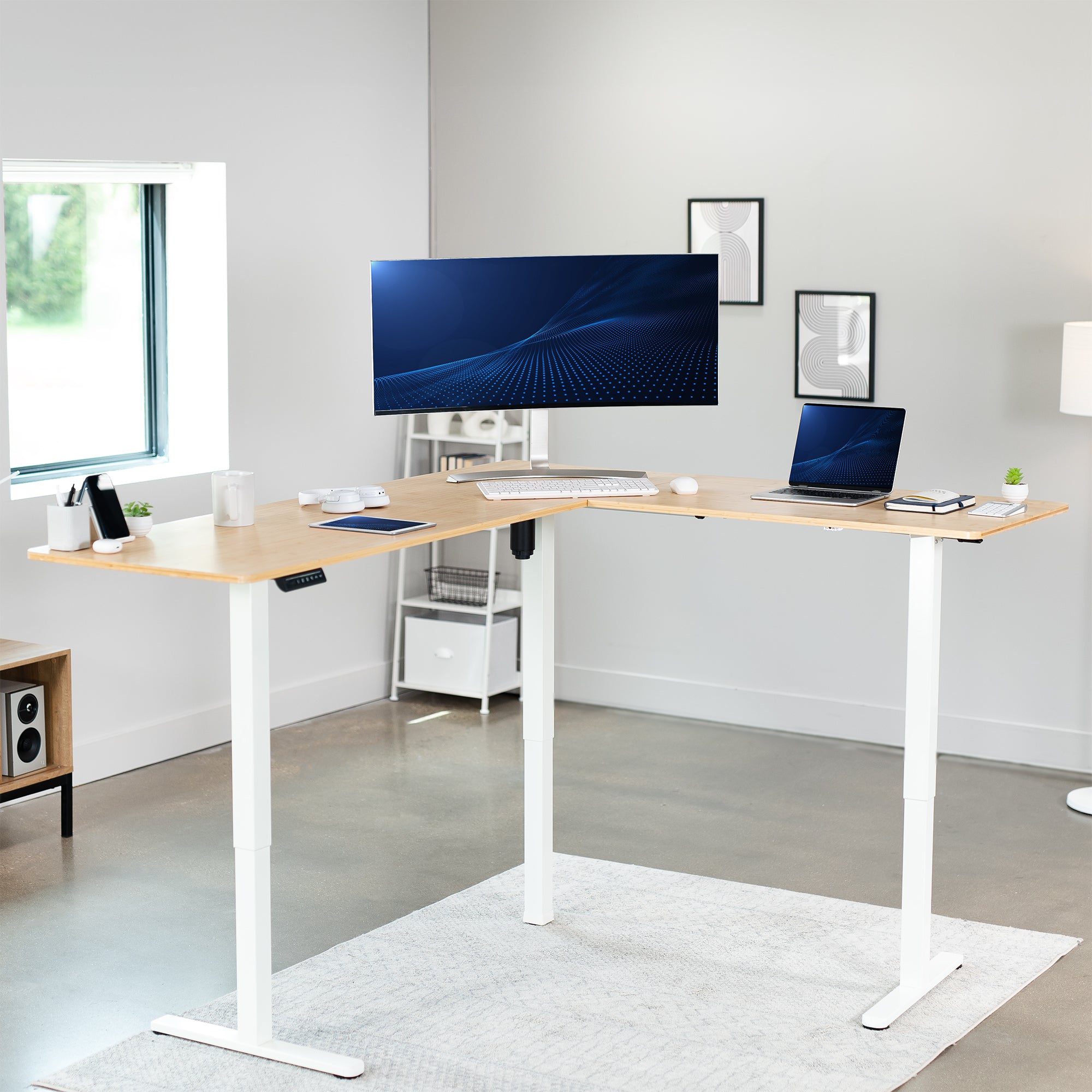 Electric heavy-duty real bamboo corner desk workstation for modern office workspaces.