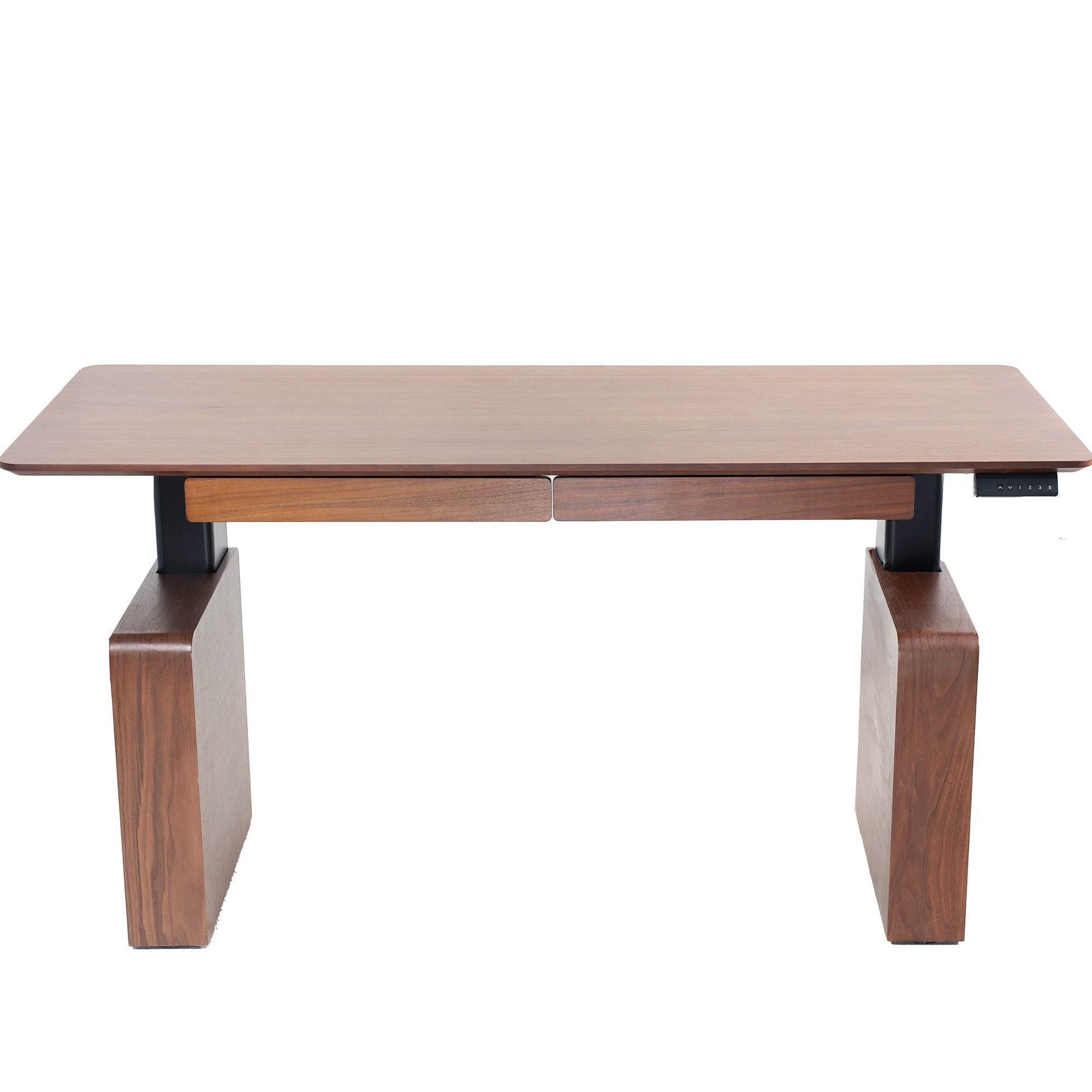 Spacious sit to stand walnut executive desk with two pull-out drawers, adjustable shelving on the reversible legs, and a built-in power strip for convenient connectivity.