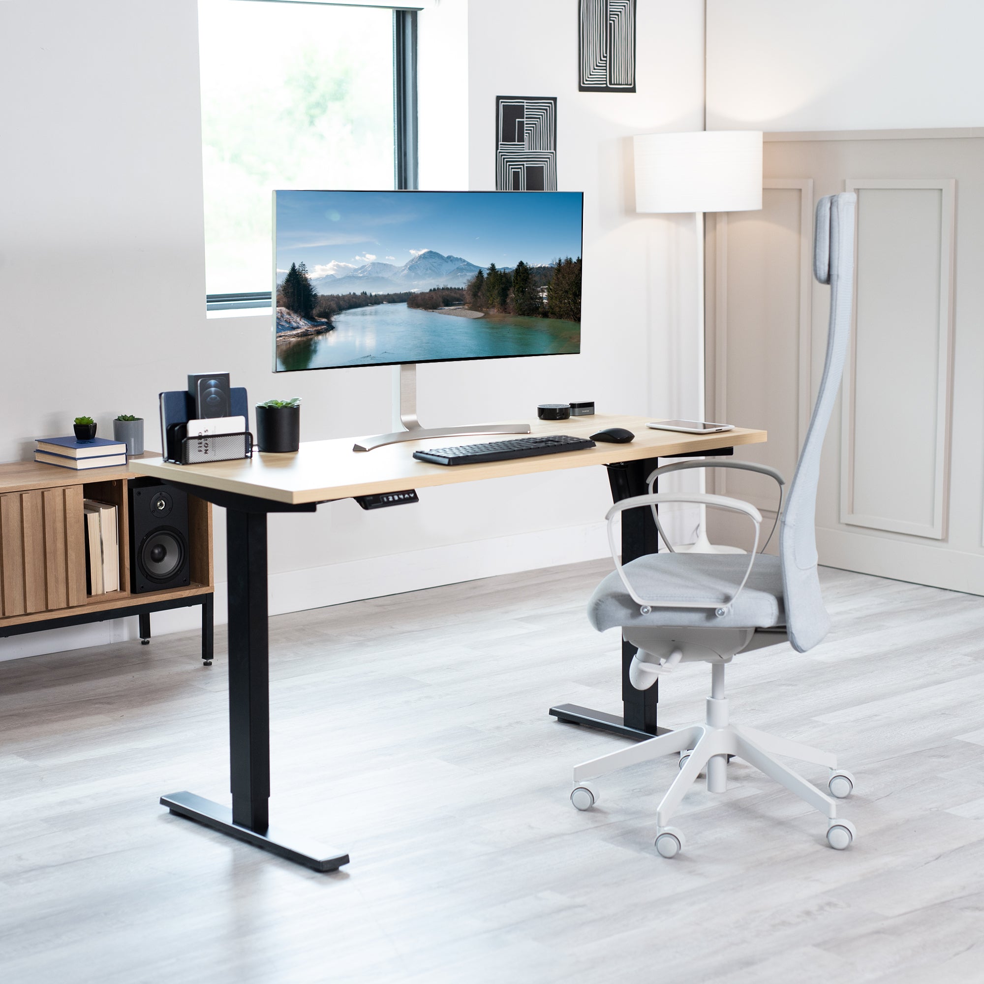 Electric Height Adjustable 55 x 24 inch Memory Stand Up Desk, Solid One-Piece Square Corner Table Top