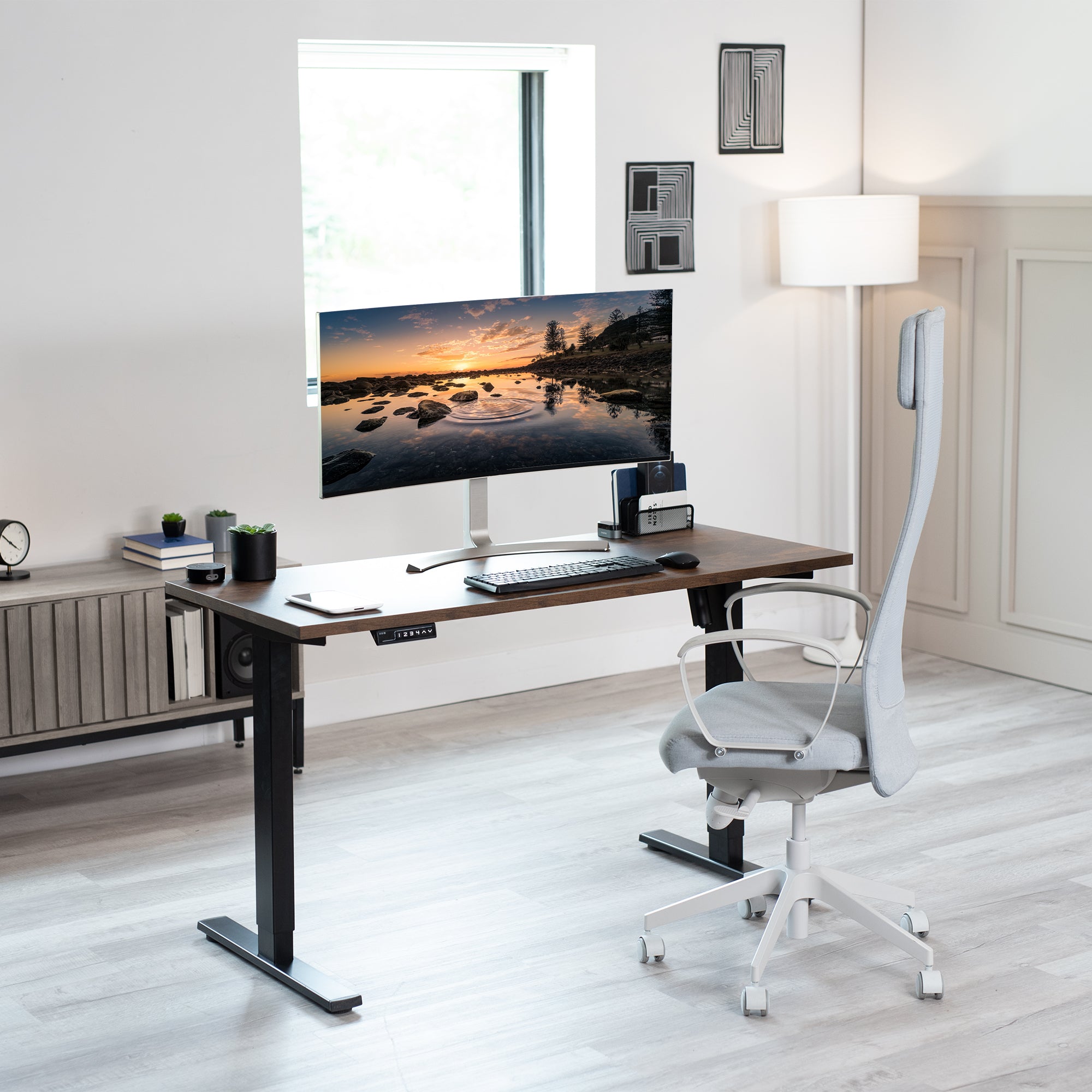 Electric Height Adjustable 55 x 24 inch Memory Stand Up Desk, Solid One-Piece Rustic Square Corner Table Top