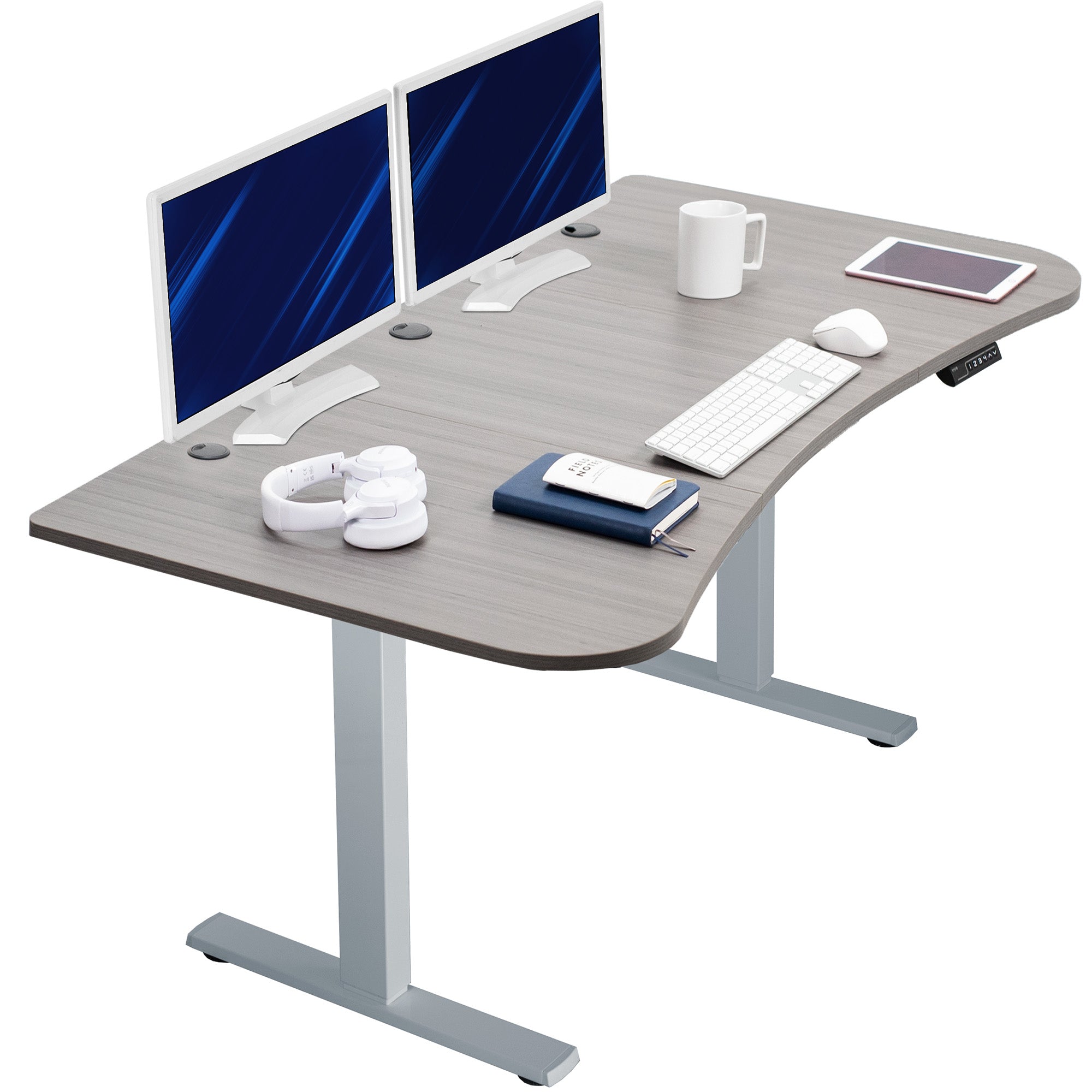Dark grey top grey frame, electric, sit to stand, height adjustable desk.