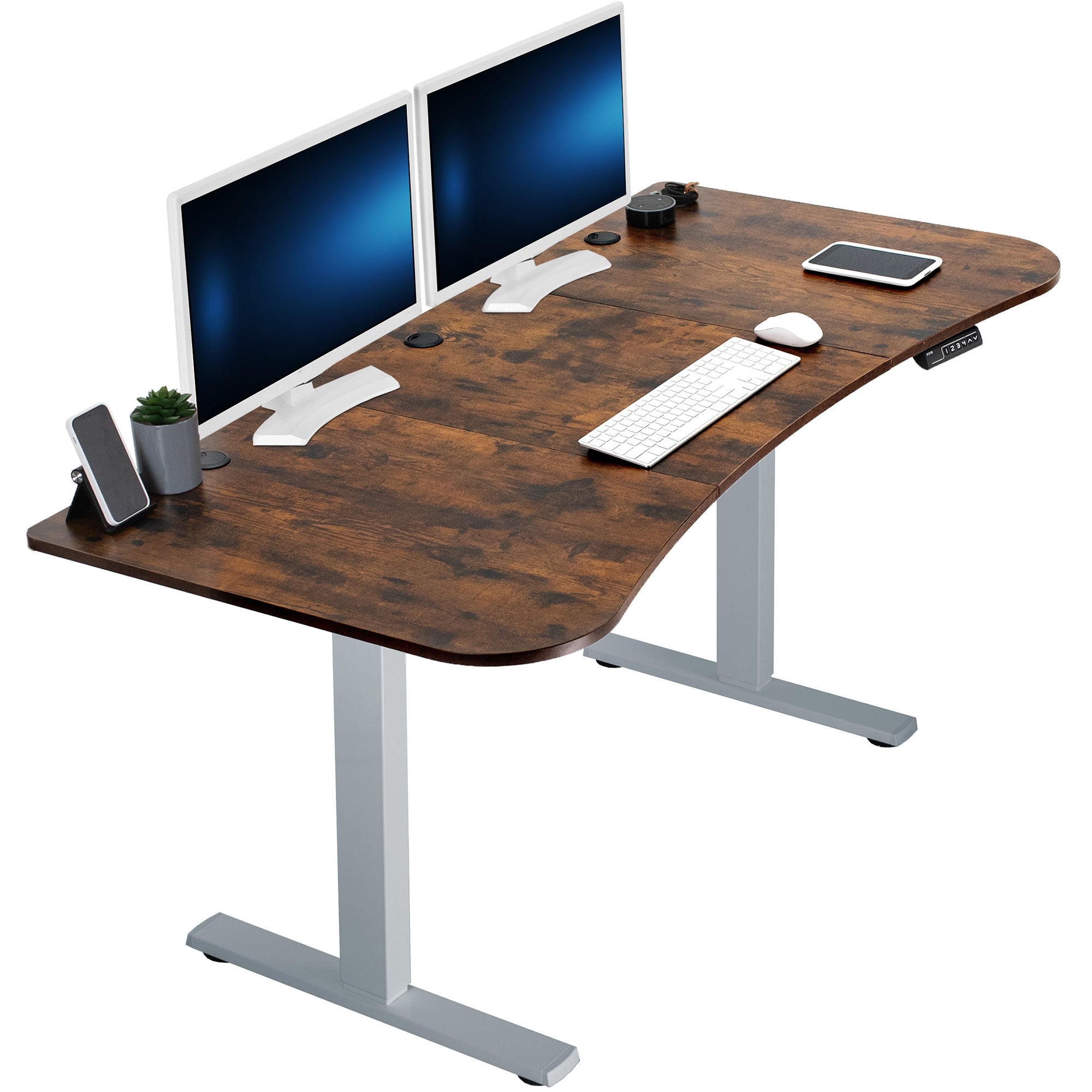 Rustic, vintage brown top grey frame, electric, sit to stand, height adjustable desk.