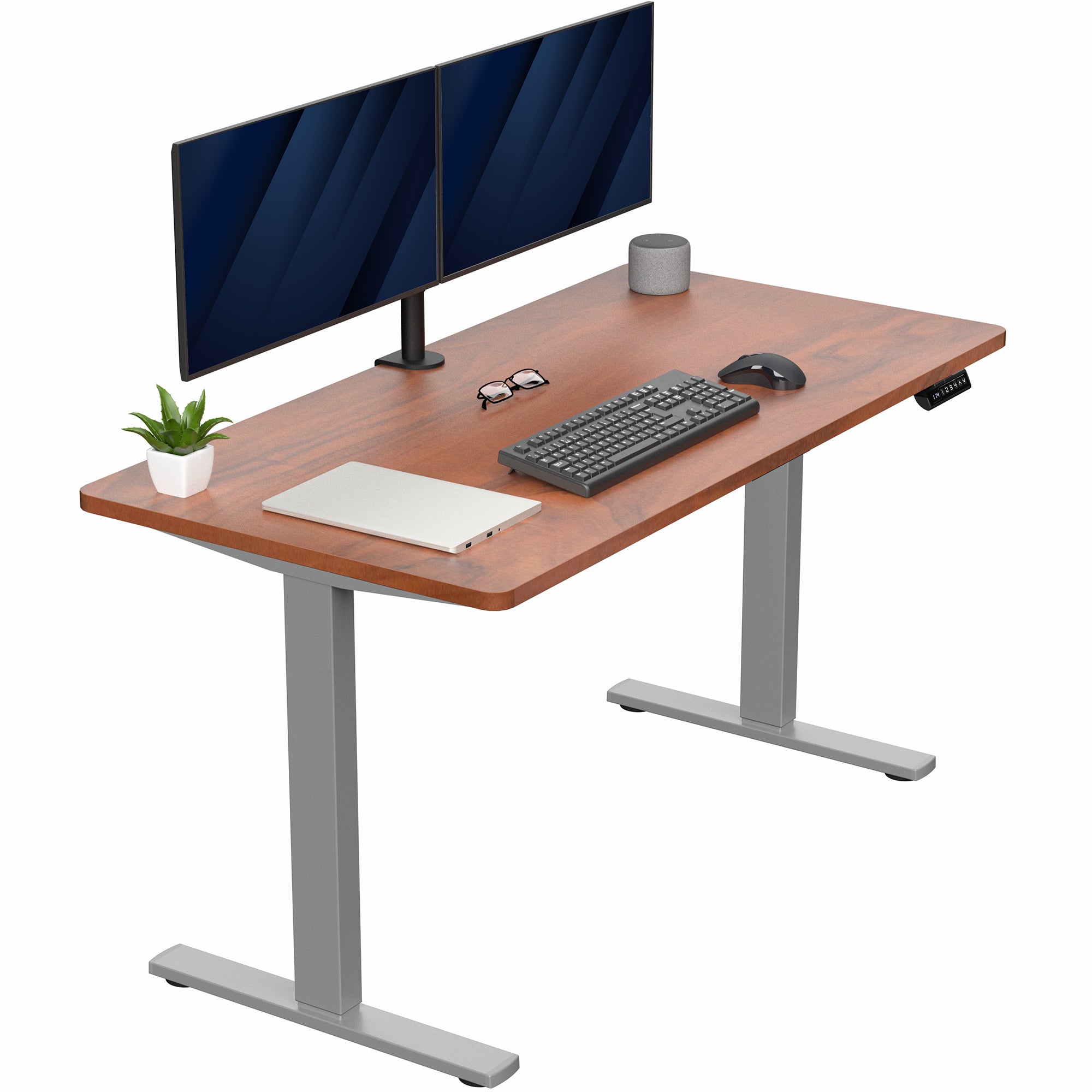 Sturdy ergonomic sit or stand active desk workstation with adjustable height using smart control panel.