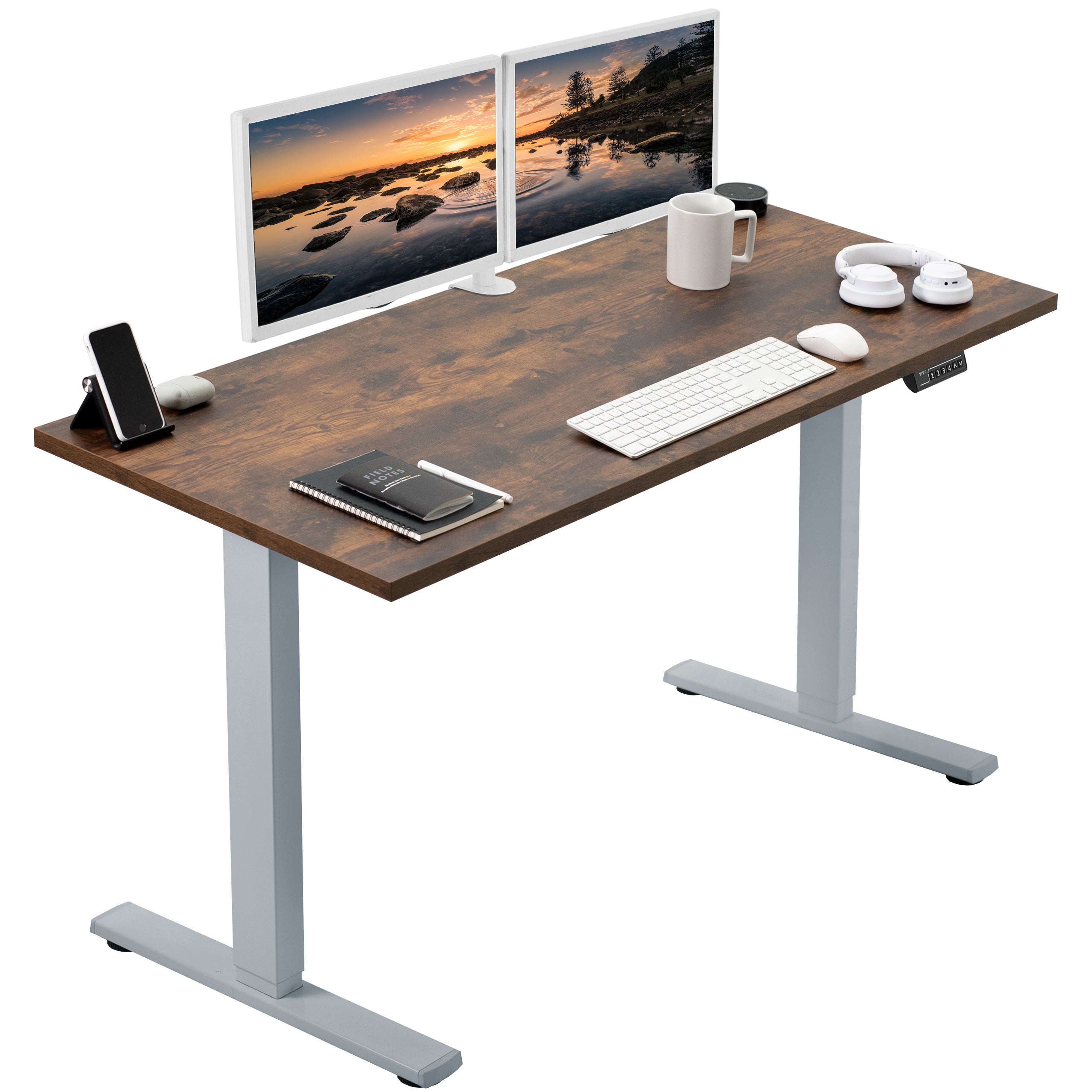 Electric Height Adjustable 55 x 24 inch Memory Stand Up Desk, Solid One-Piece Rustic Square Corner Table Top