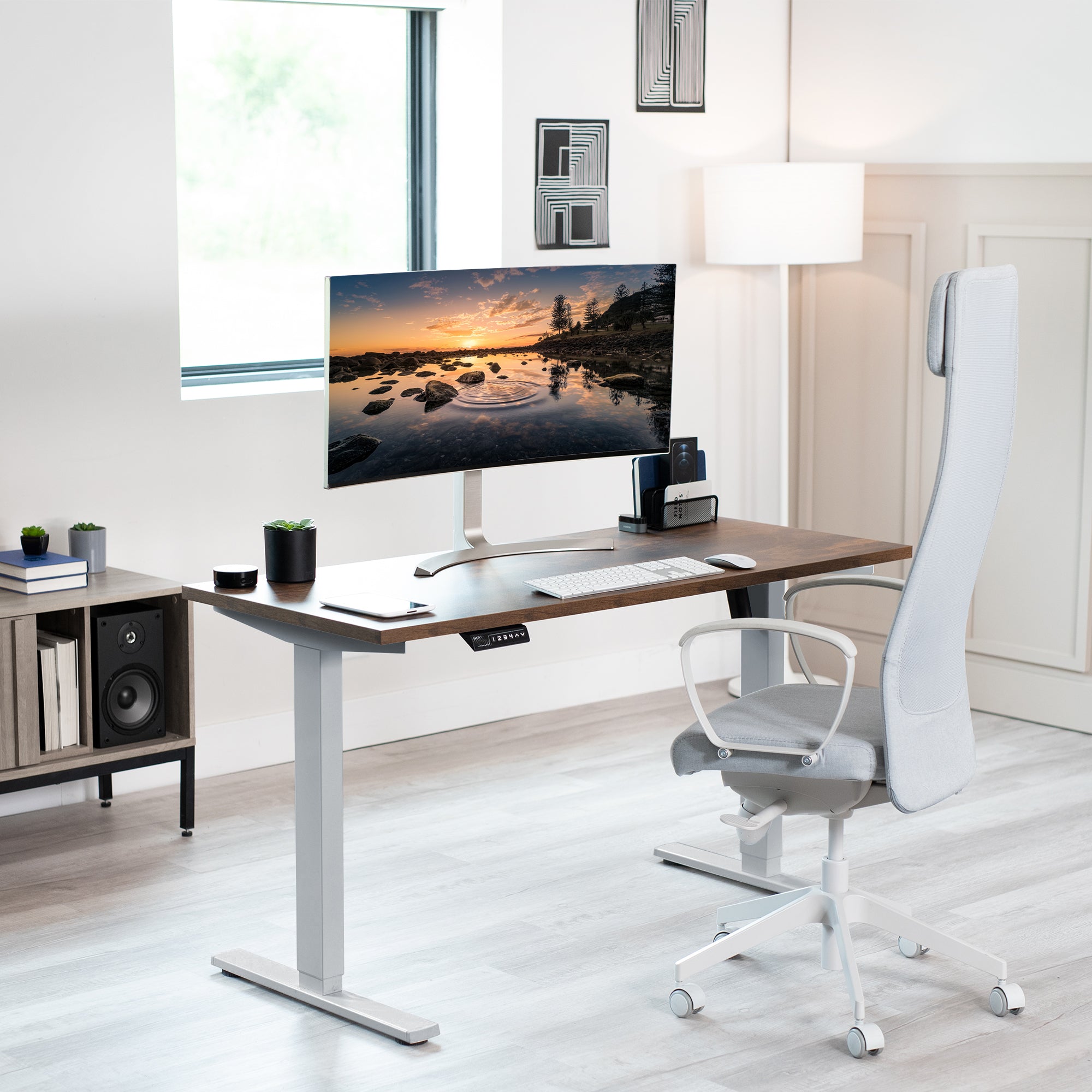 Electric Height Adjustable 55 x 24 inch Memory Stand Up Desk, Solid One-Piece Rustic Square Corner Table Top