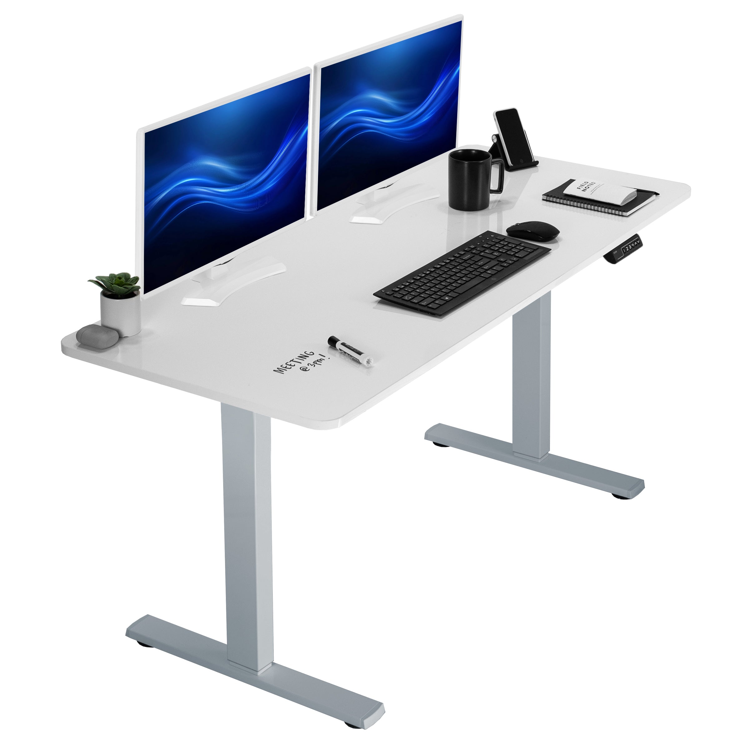 Sturdy ergonomic sit or stand active desk workstation with adjustable height using smart control panel.