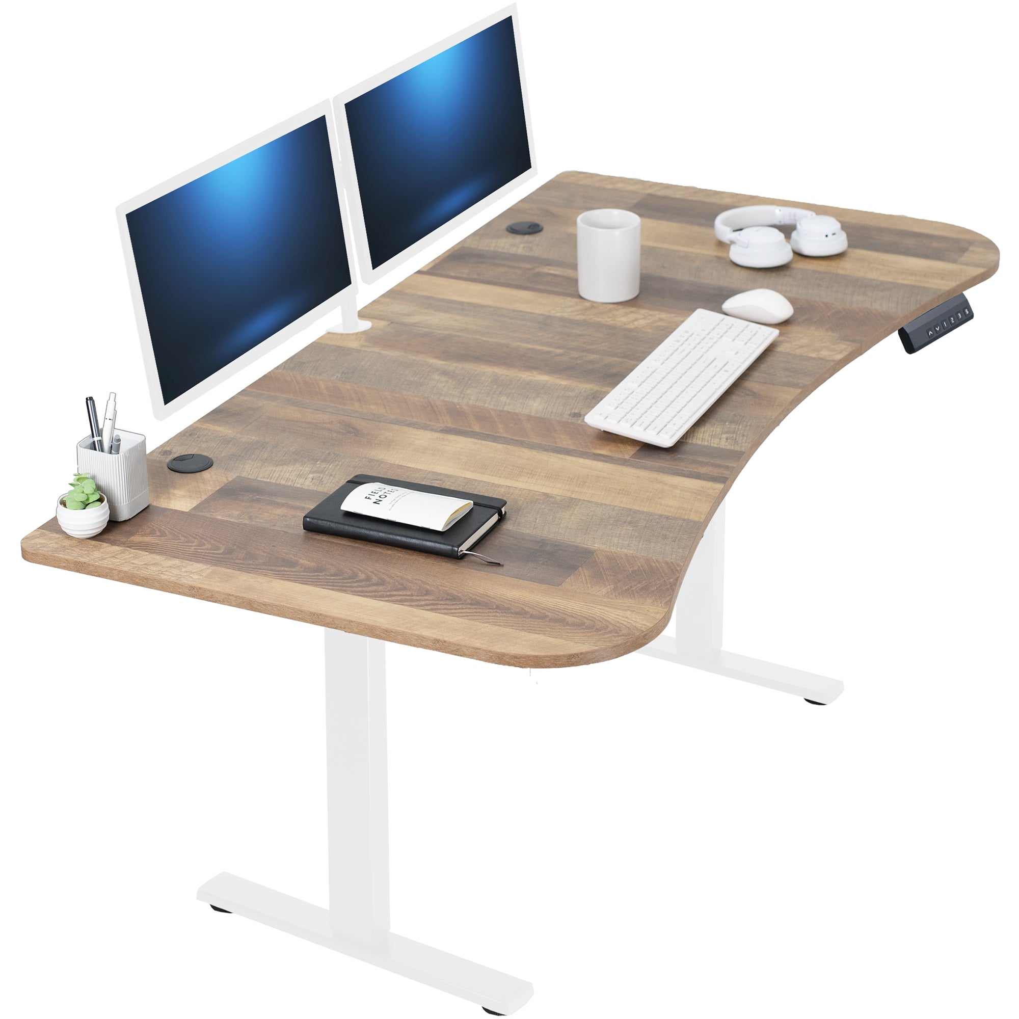 Reclaimed wood top white frame, electric, sit to stand, height adjustable desk.