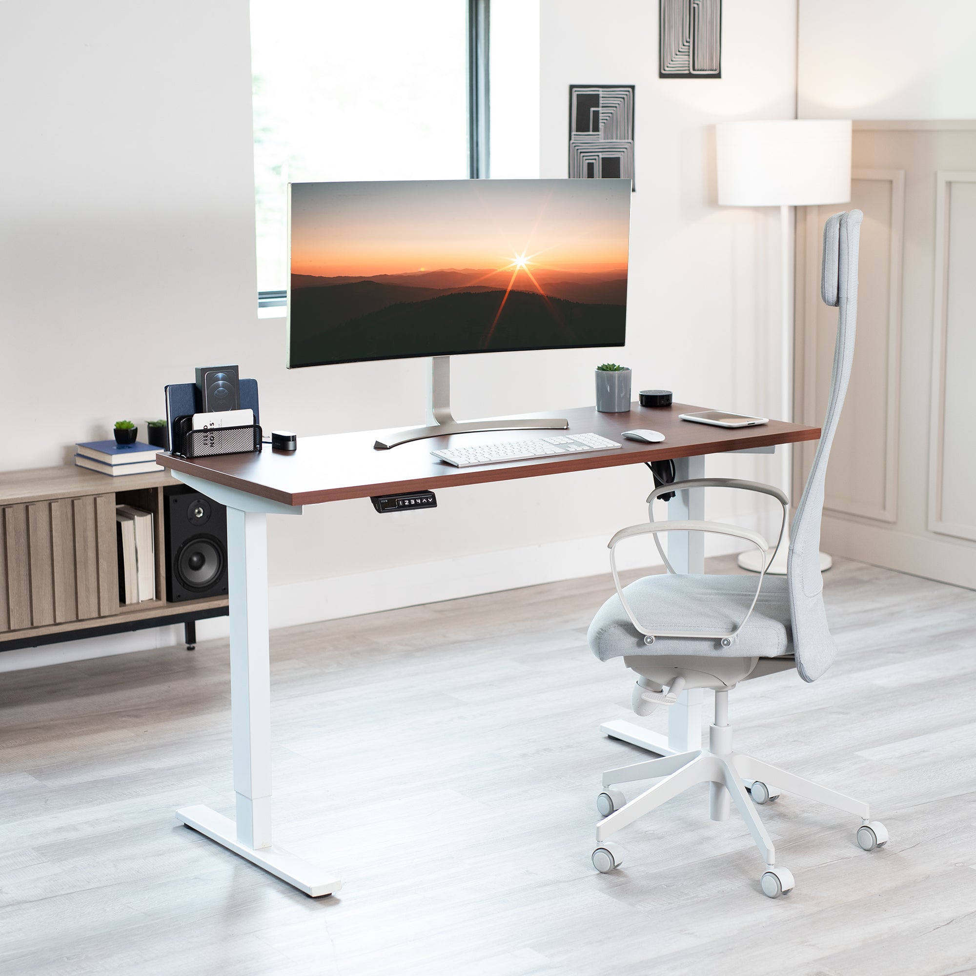Electric Height Adjustable 55 x 24 inch Memory Stand Up Desk, Solid One-Piece Square Corner Table Top