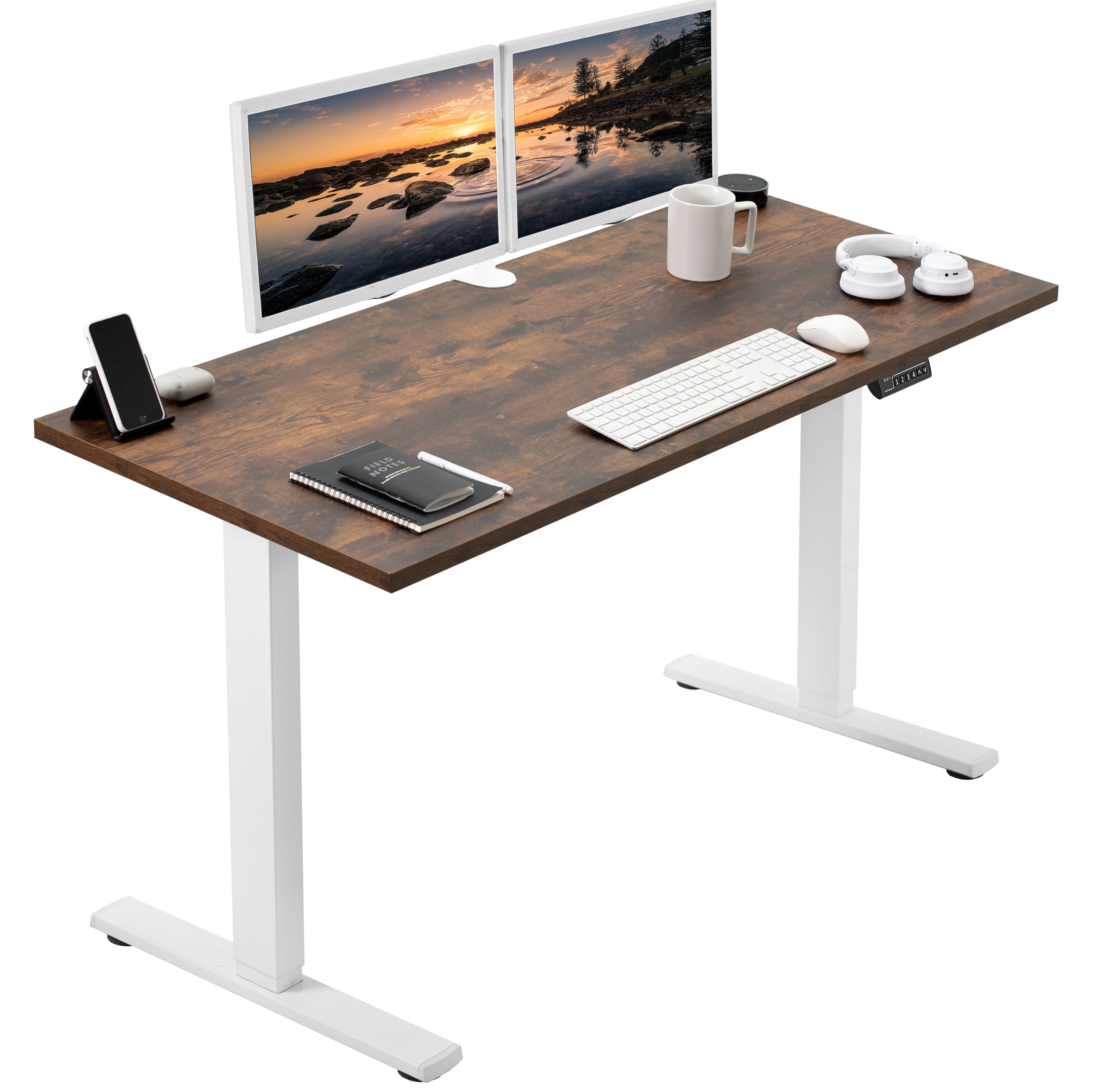 Electric Height Adjustable 55 x 24 inch Memory Stand Up Desk, Solid One-Piece Rustic Square Corner Table Top