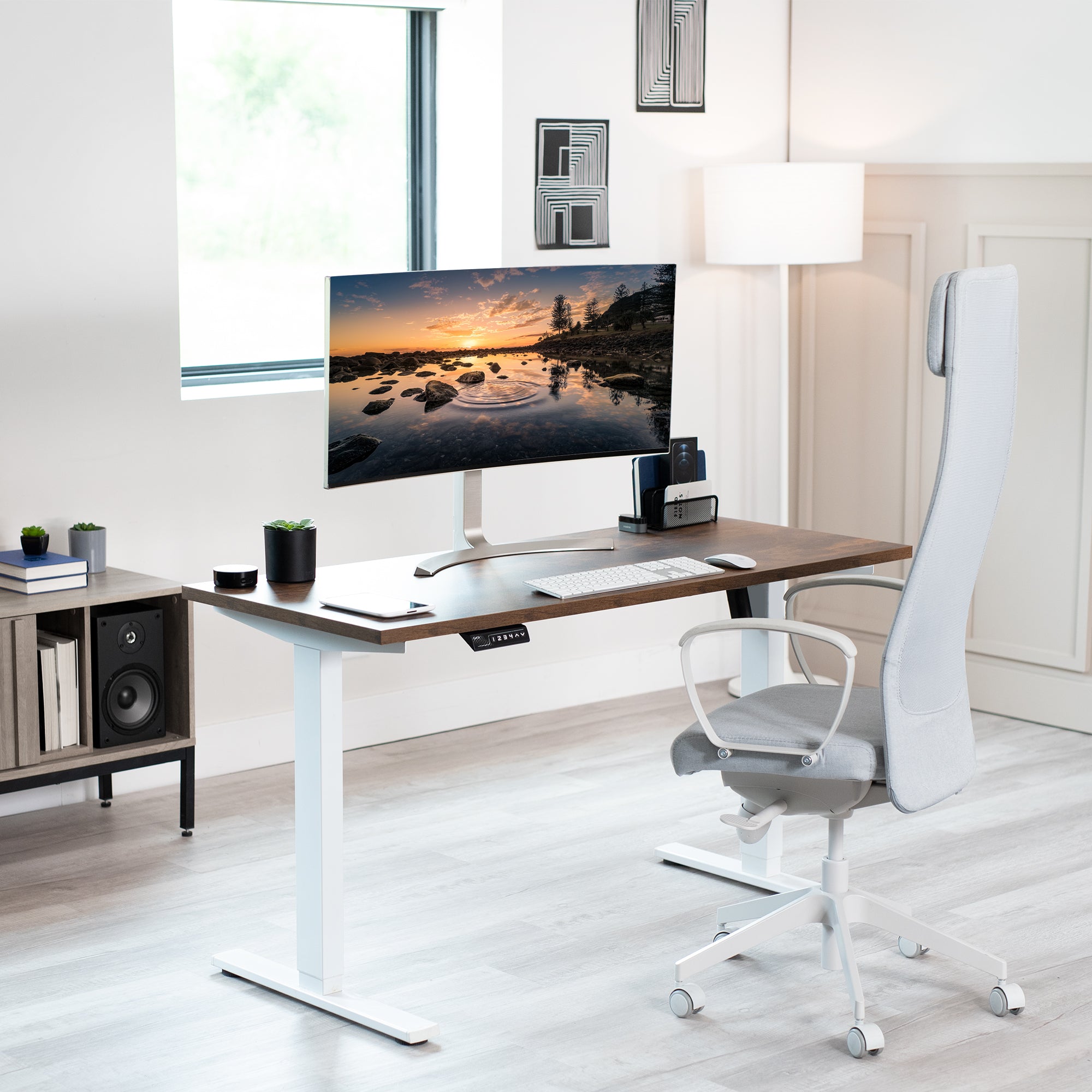 Electric Height Adjustable 55 x 24 inch Memory Stand Up Desk, Solid One-Piece Rustic Square Corner Table Top