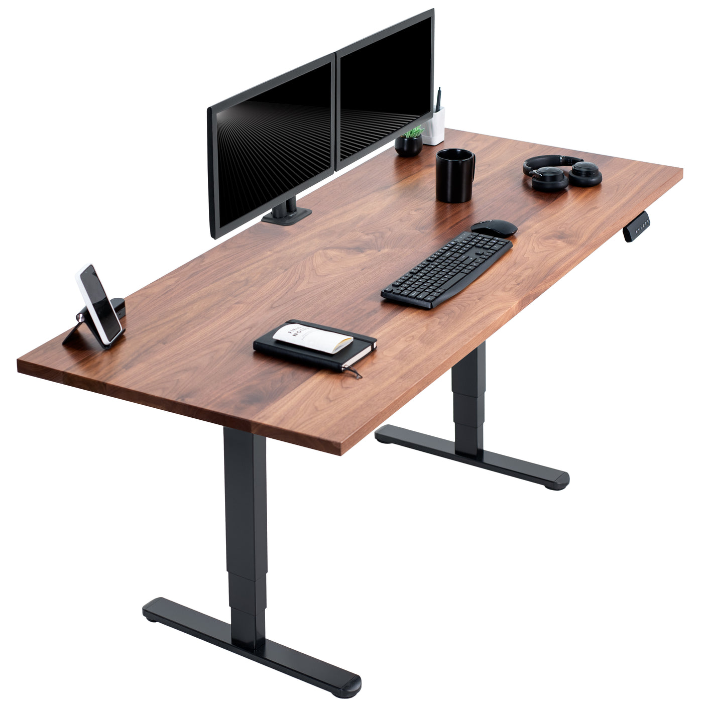 Solid walnut top spacious height adjustable electric desk with smart control panel.