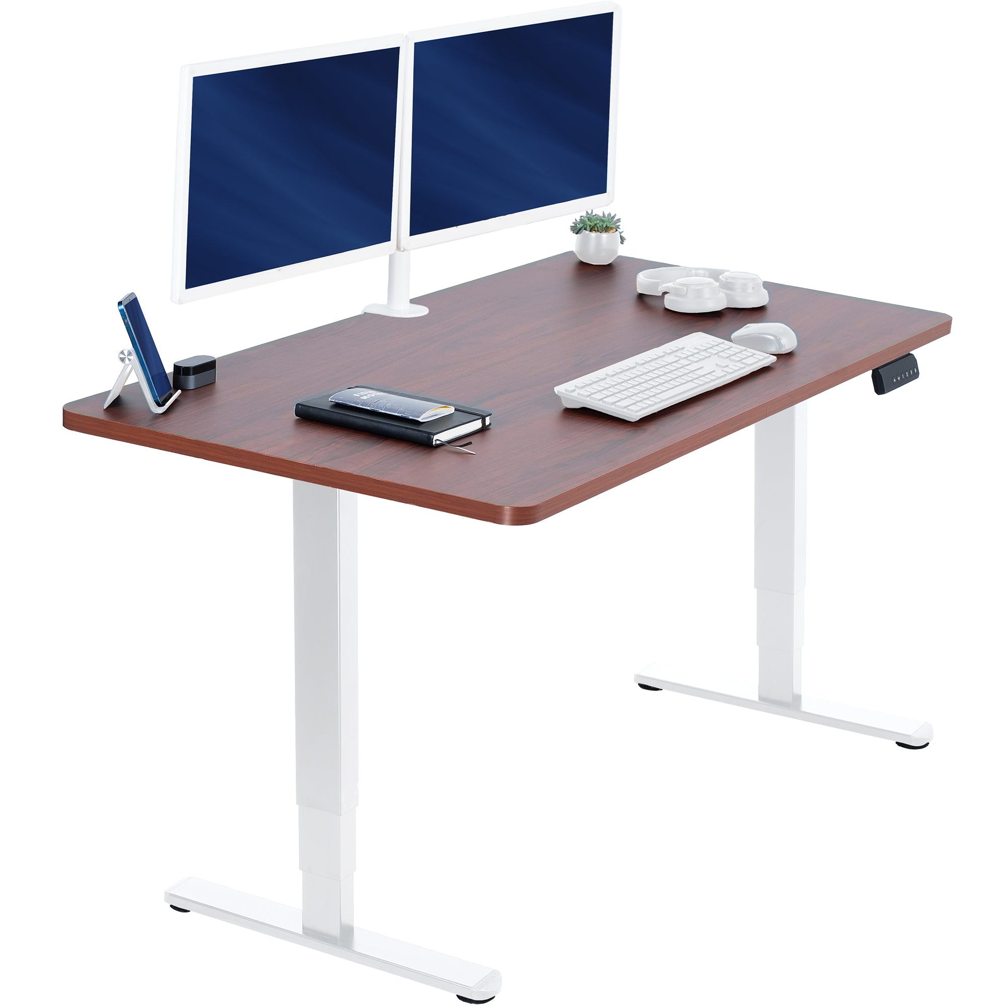 Wooden desk with white legs, two computer monitors, keyboard, and mouse on a white background