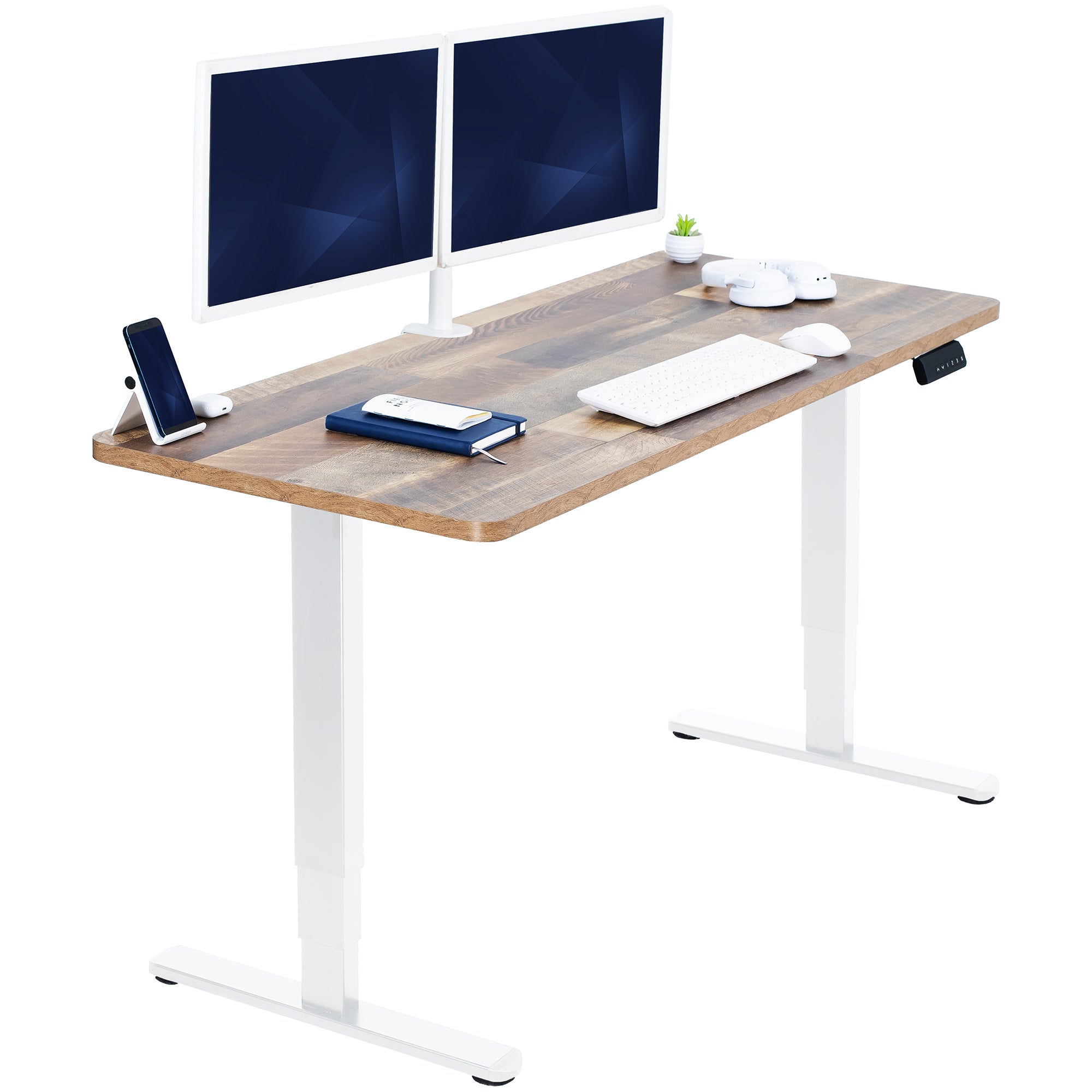 Wooden desk with white legs, two computer monitors, and various office items on a white background