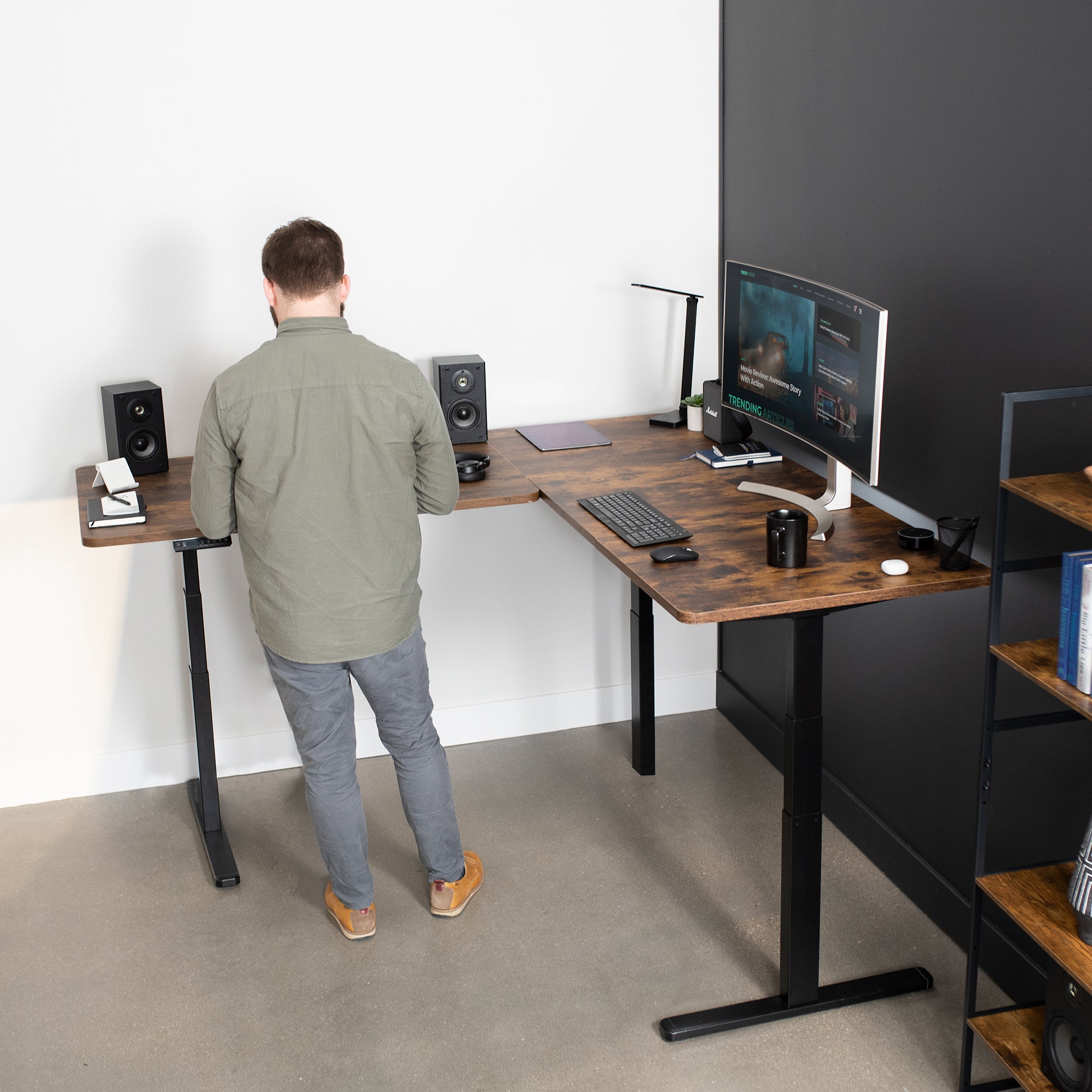 Sit or stand, 3-stage column, heavy-duty, L-shaped corner desk from VIVO.