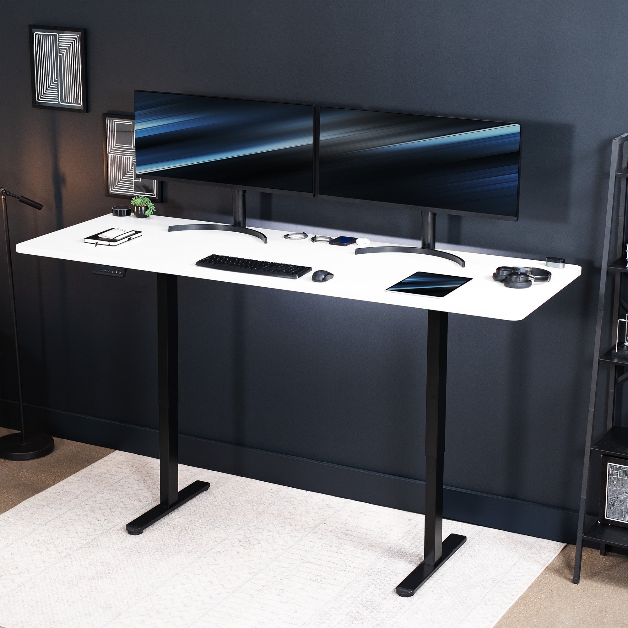 83 x 30 inch dual motor electric desk featuring smart controller height adjustment with memory settings