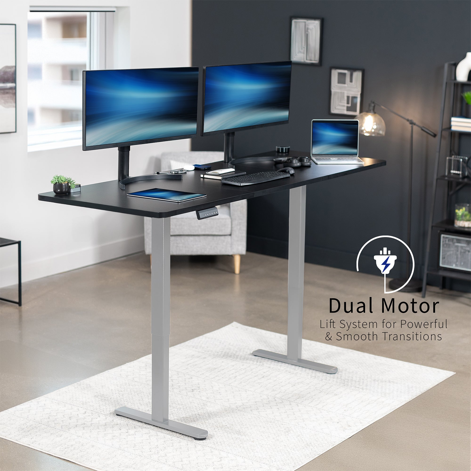 83 x 30 inch dual motor electric desk featuring smart controller height adjustment with memory settings