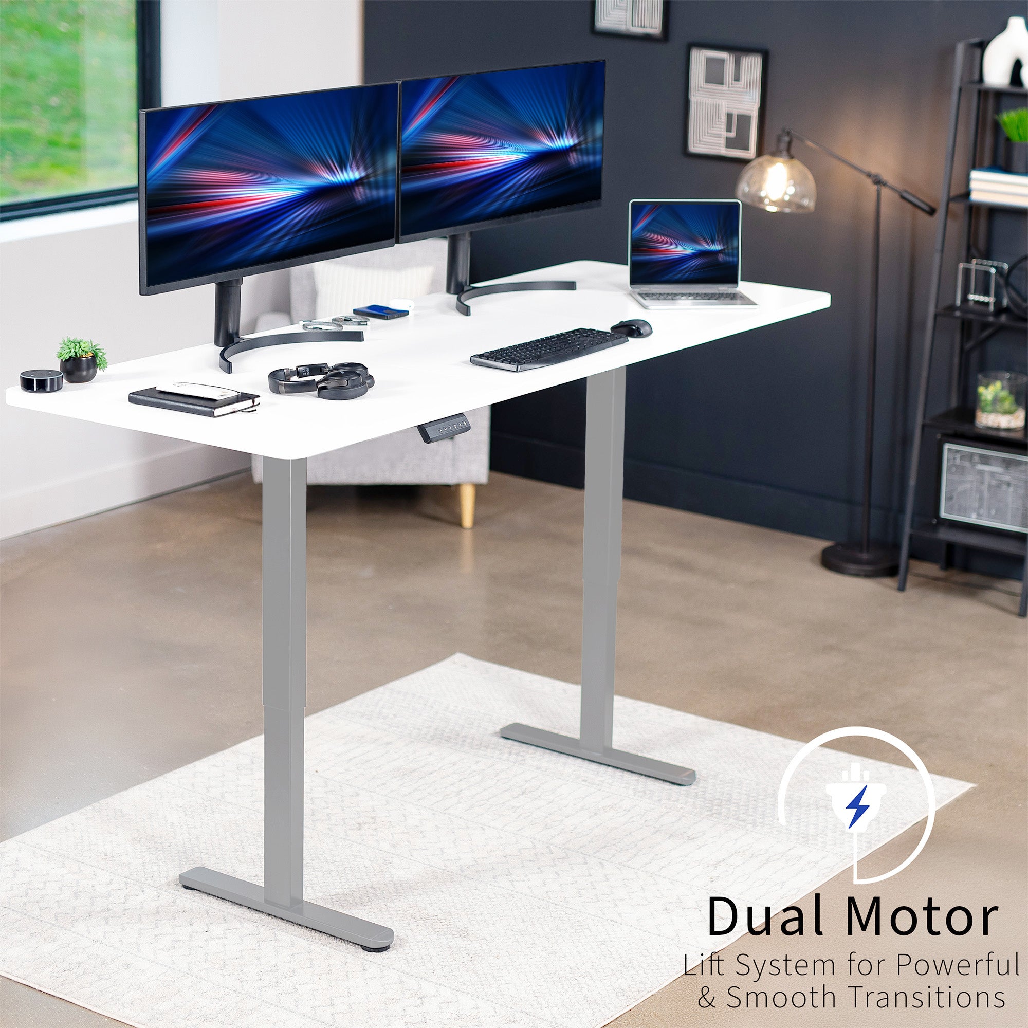 83 x 30 inch dual motor electric desk featuring smart controller height adjustment with memory settings