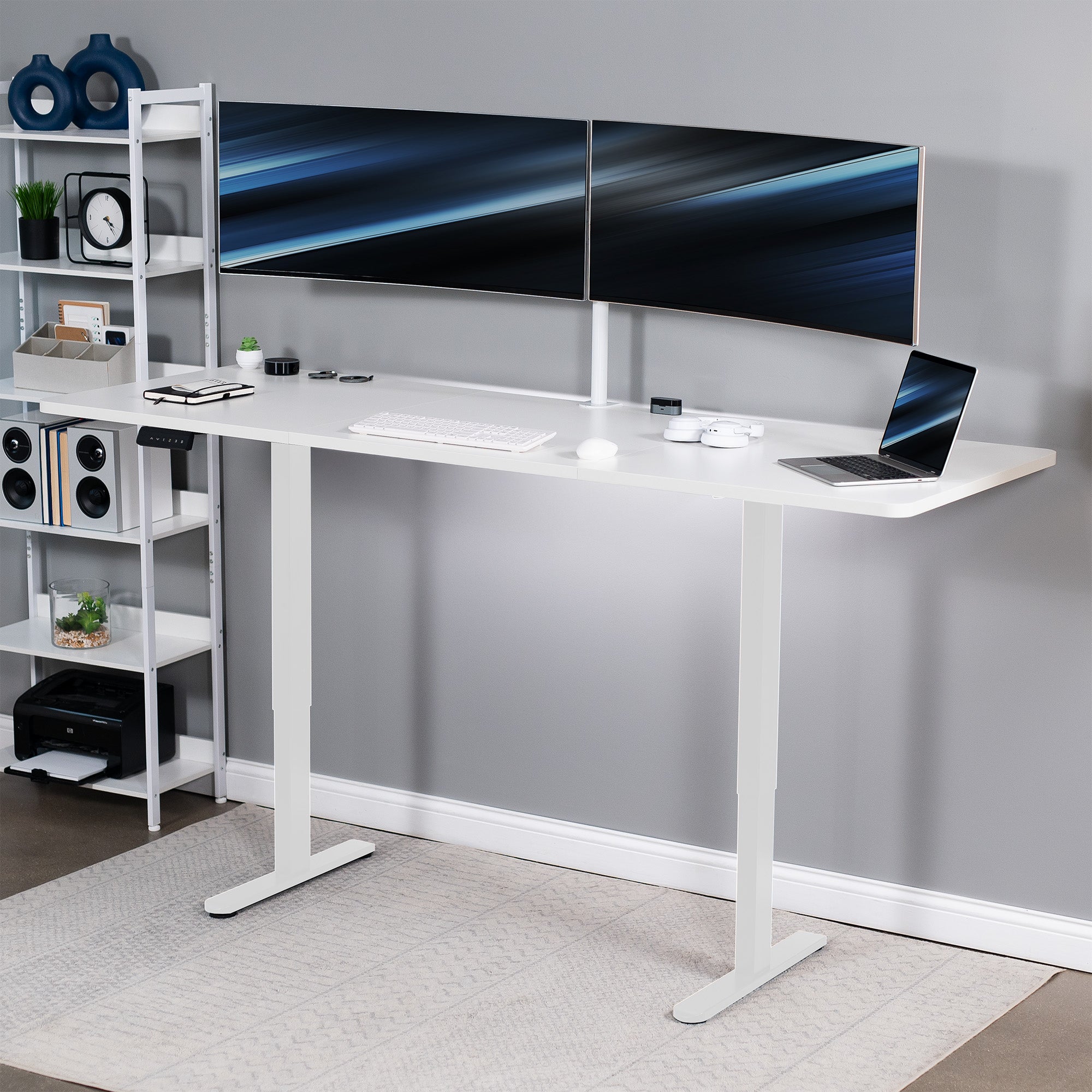 83 x 30 inch dual motor electric desk featuring smart controller height adjustment with memory settings