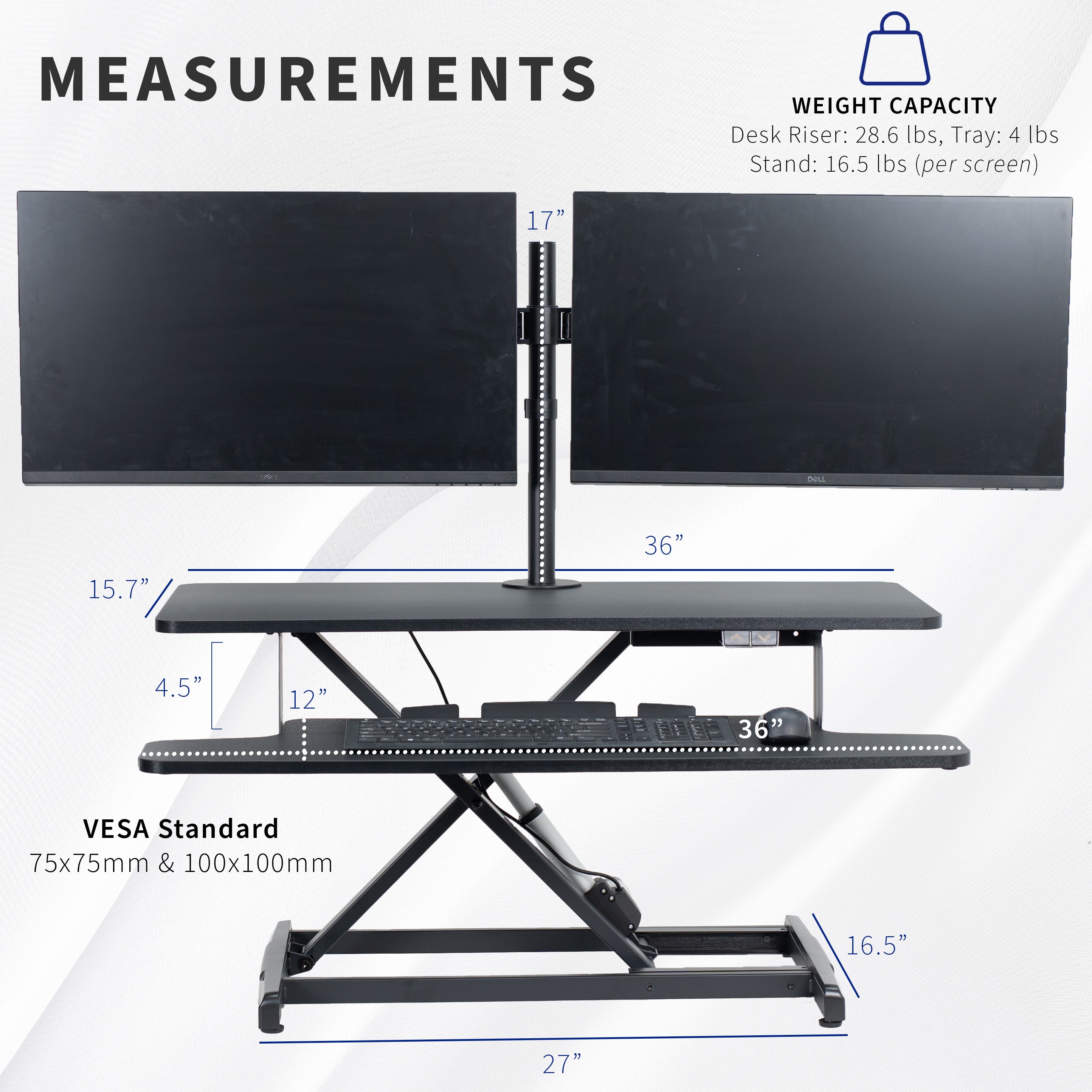 Sit to stand desk riser and dual monitor mount with electric height adjustment.