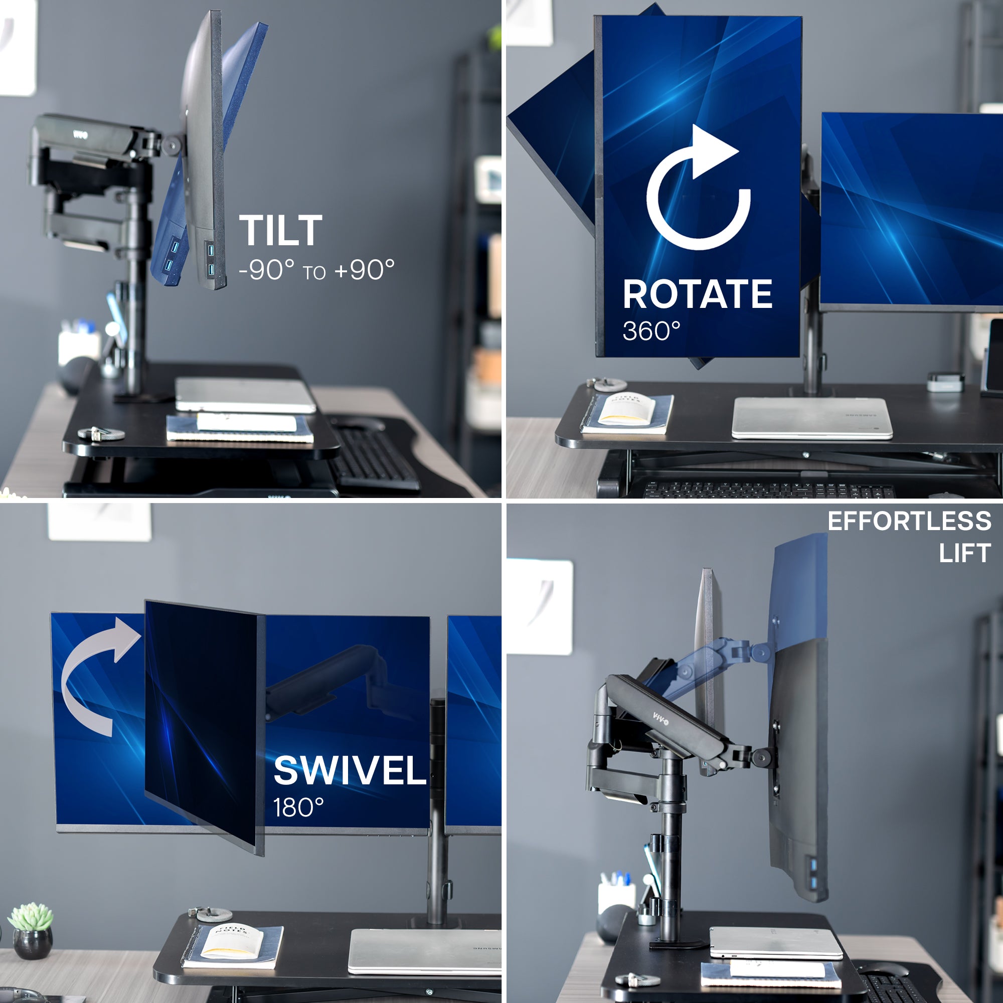 42 inch height adjustable desk riser with articulating mechanical dual monitor mount.