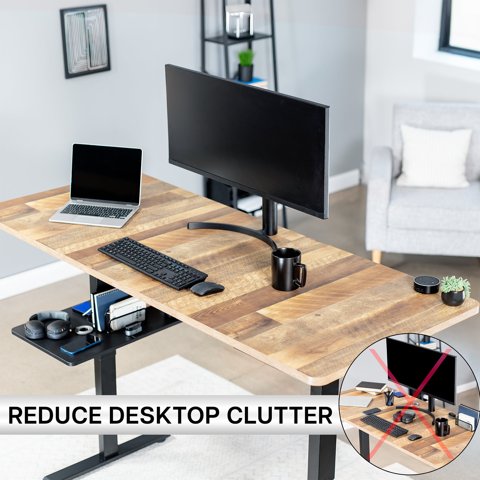 Under desk floating shelf platform that clamps onto desk leg. Provides convenient hidden storage that adjusts with your sit to stand desk.