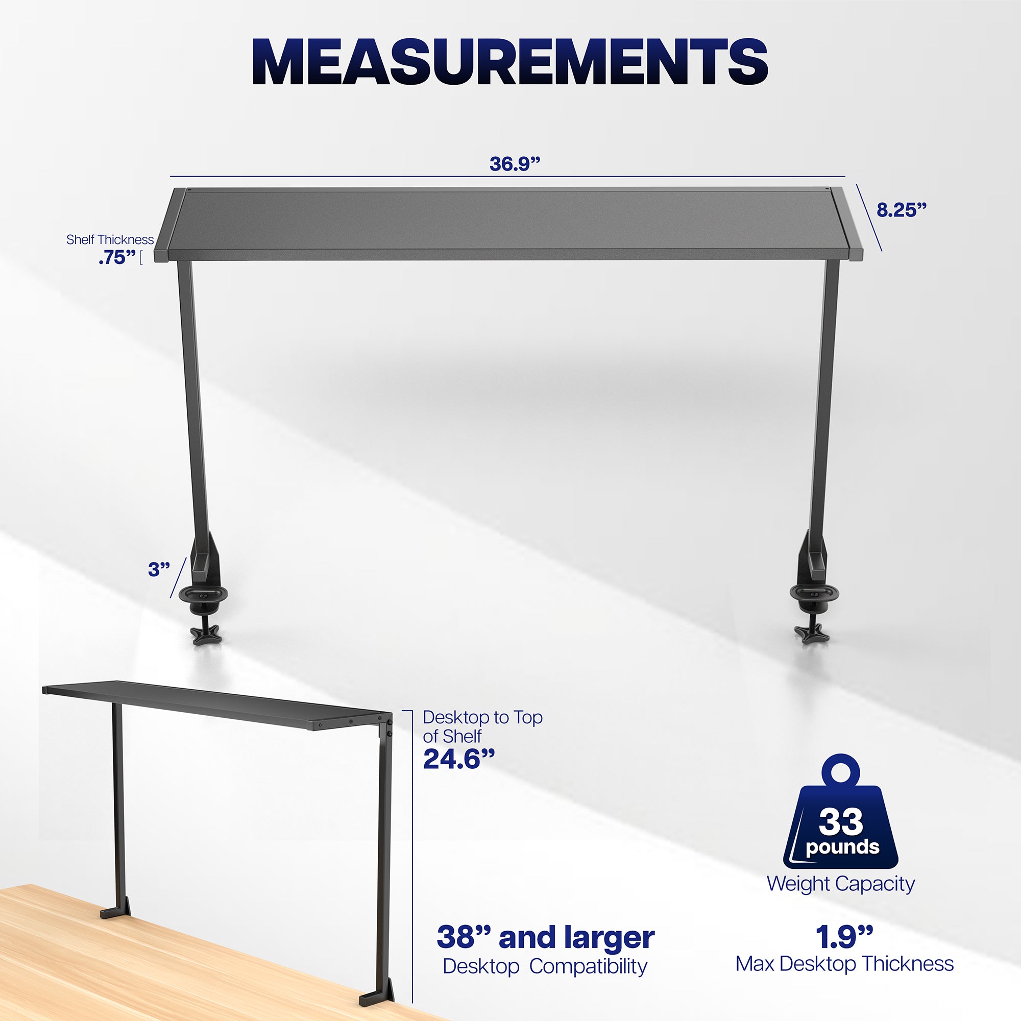 38” Clamp-on Overhead Shelf
