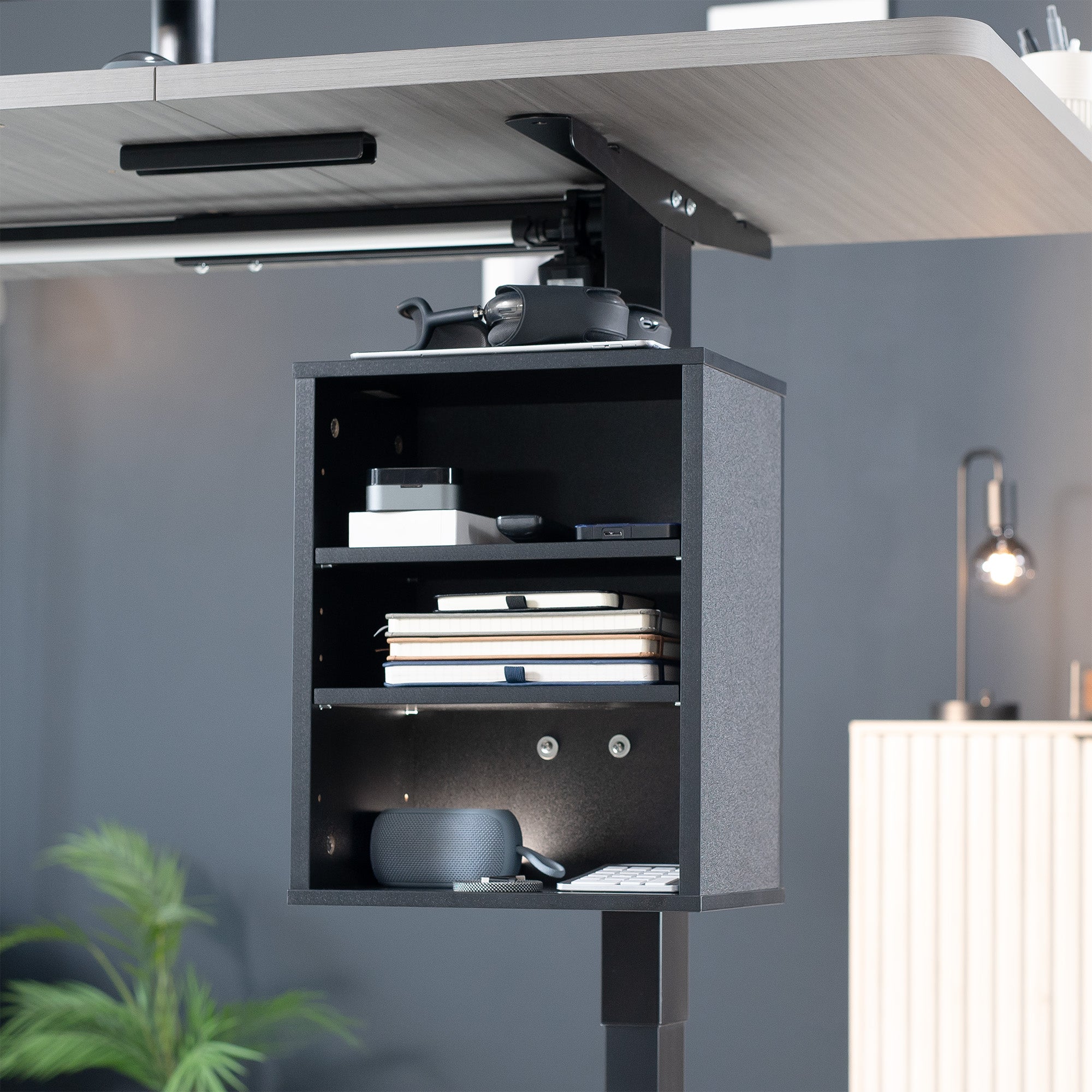 Clamp-on Under Desk Shelving Unit, Office Accessory Holder for Supplies, Gaming Devices, and More, Multi-Level Storage Shelves, Workstation Organizer
