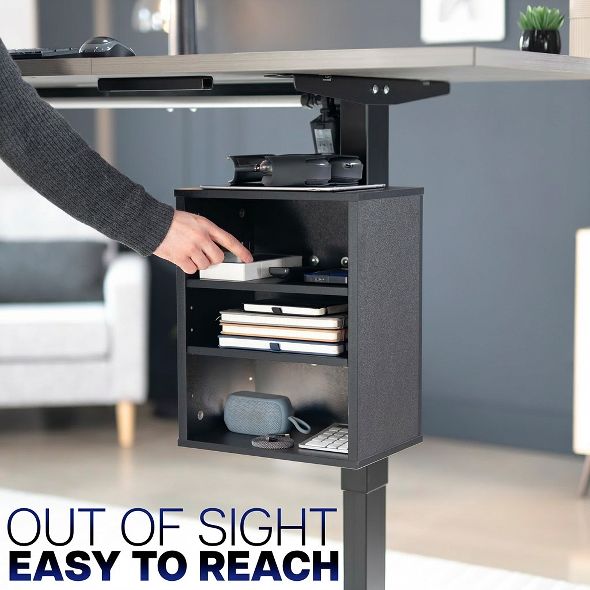 Clamp-on Under Desk Shelving Unit, Office Accessory Holder for Supplies, Gaming Devices, and More, Multi-Level Storage Shelves, Workstation Organizer