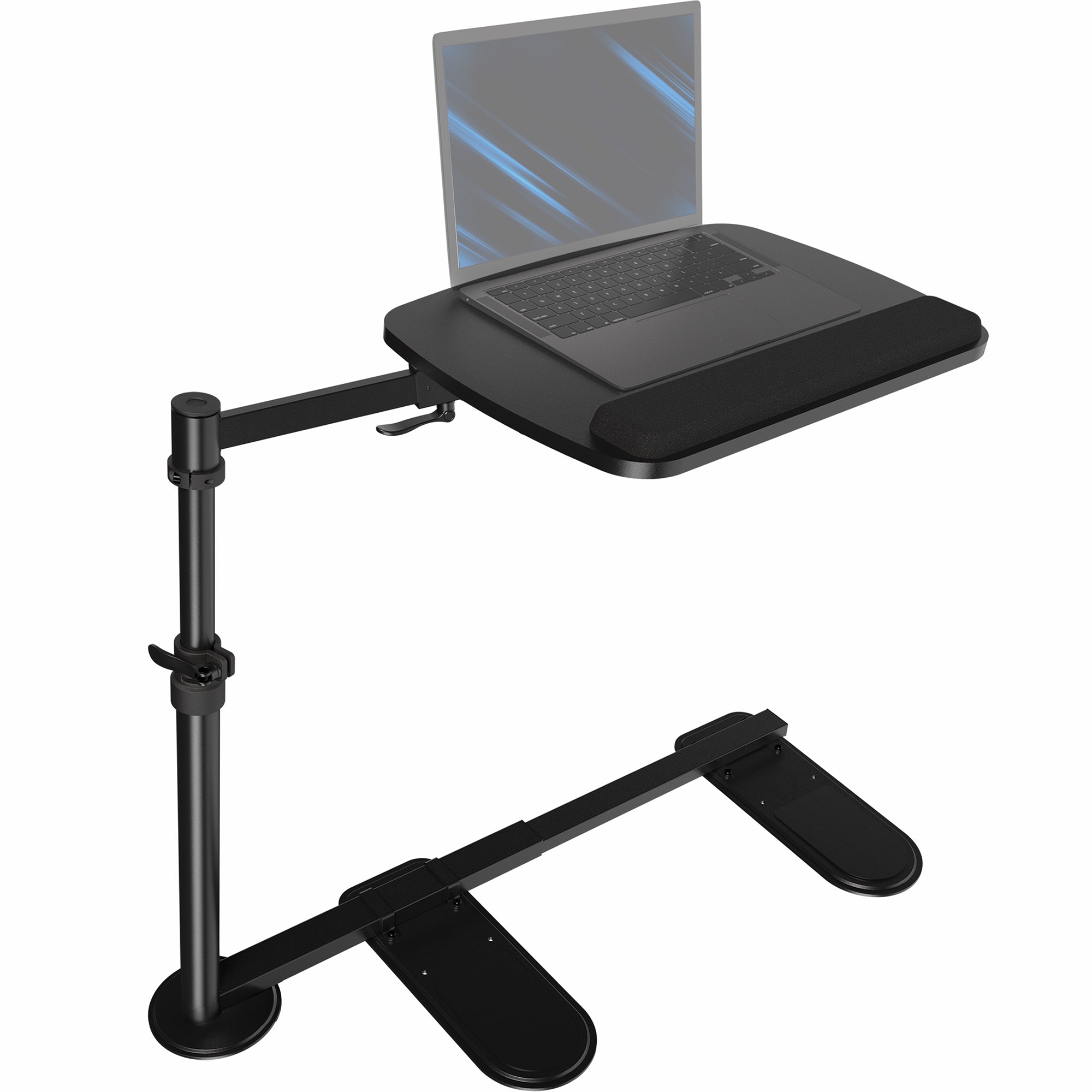 Black adjustable laptop stand with a laptop on a white background