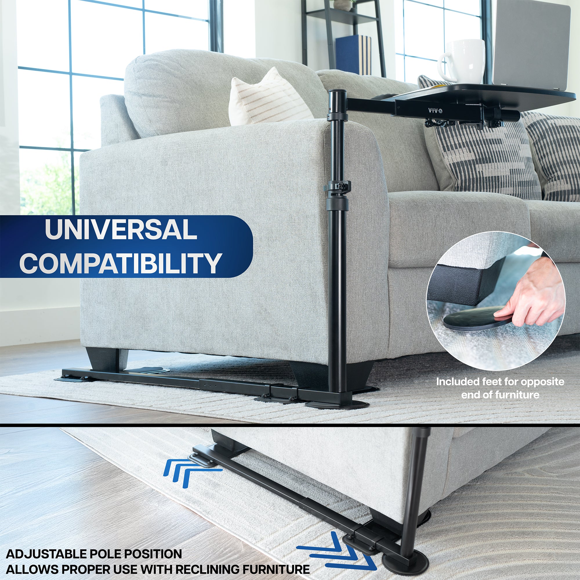 Adjustable laptop desk attached to a sofa with text highlighting compatibility and adjustable features.